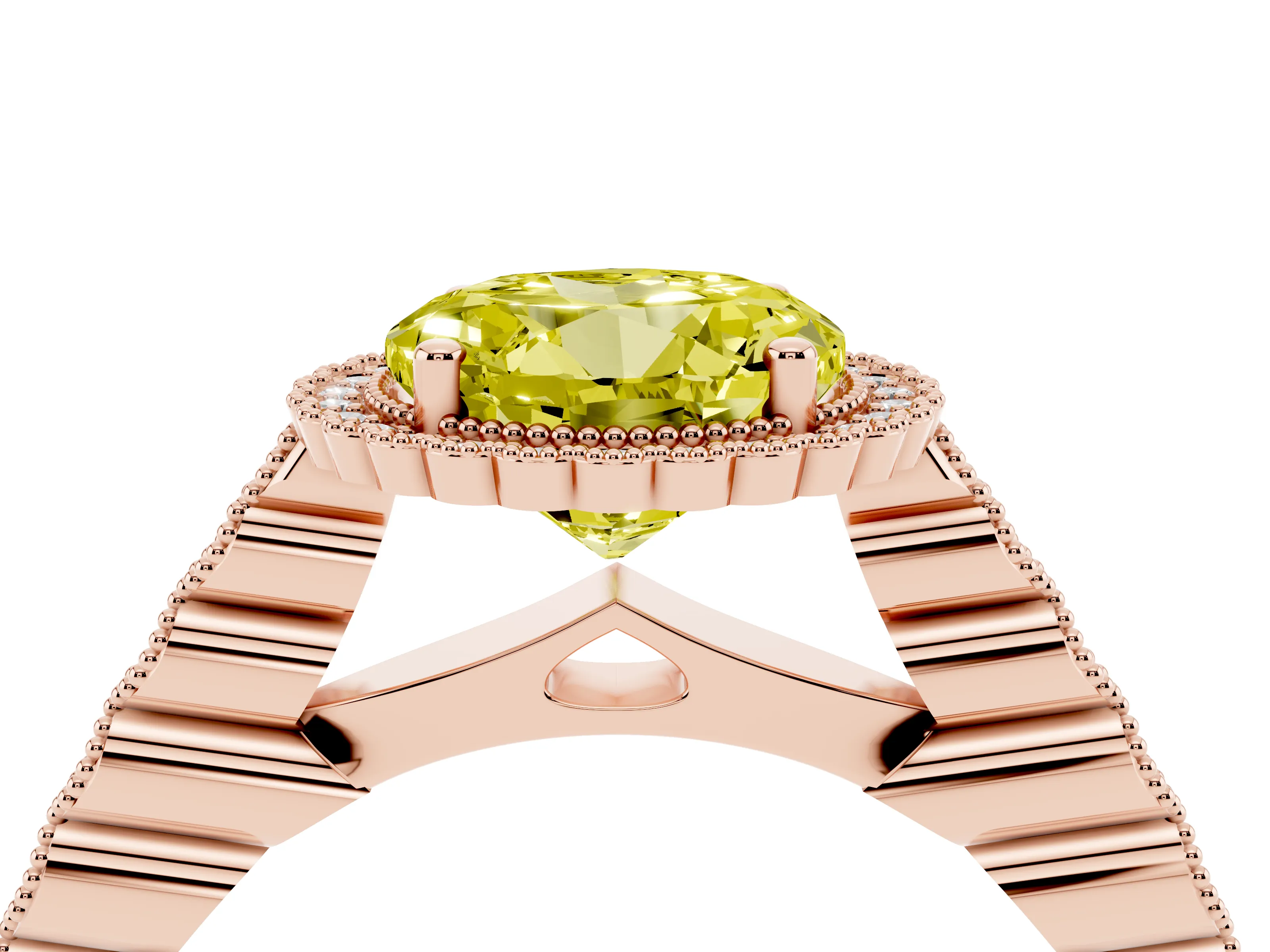 Fancy Yellow Round Cut Diamond Halo Ring Set in Rose gold with Pavé Milgrain Band