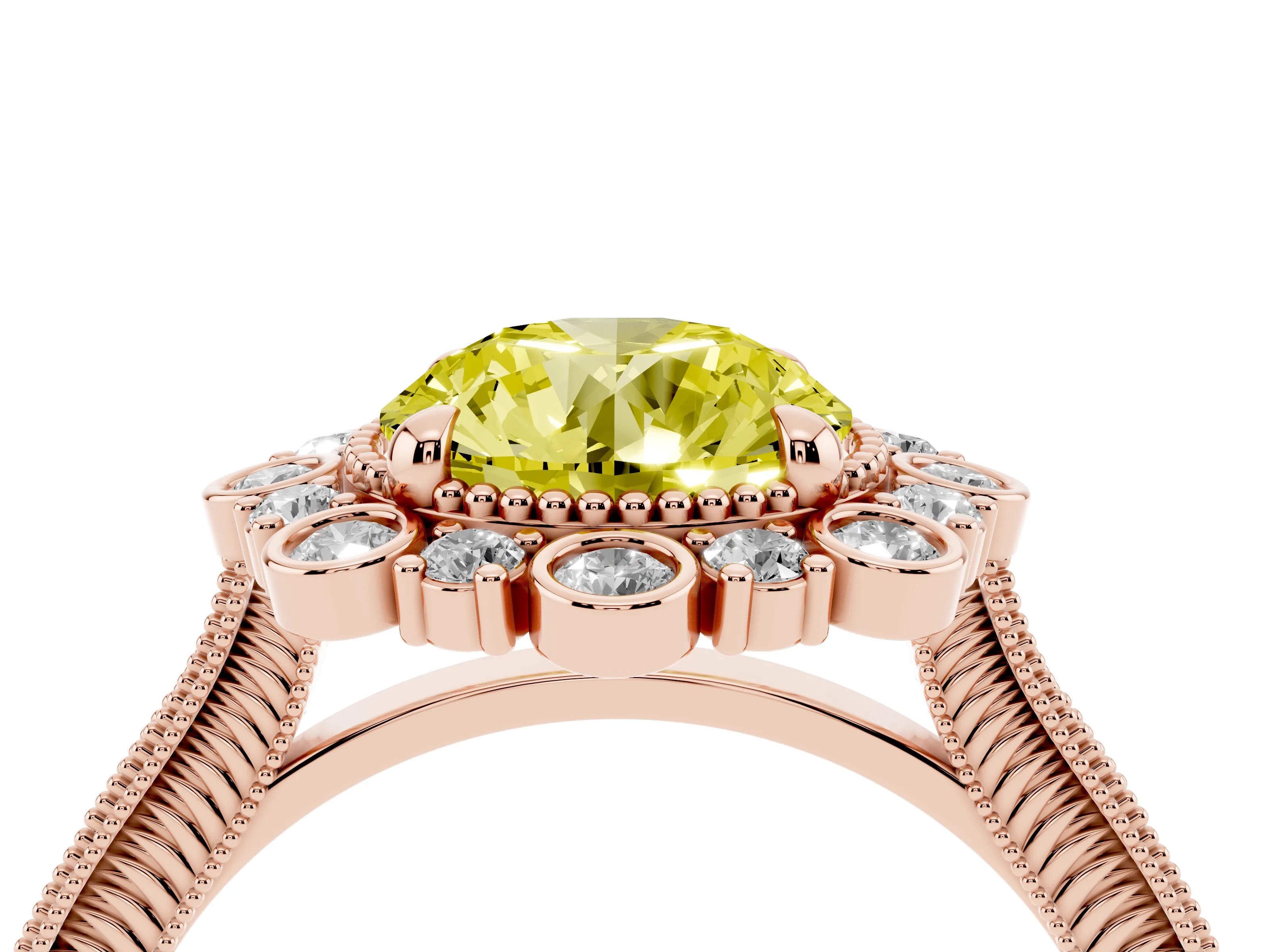 Fancy Yellow Round Cut Diamond Halo Milgrain Pavé Ring Set in Rose gold with Prong Setting