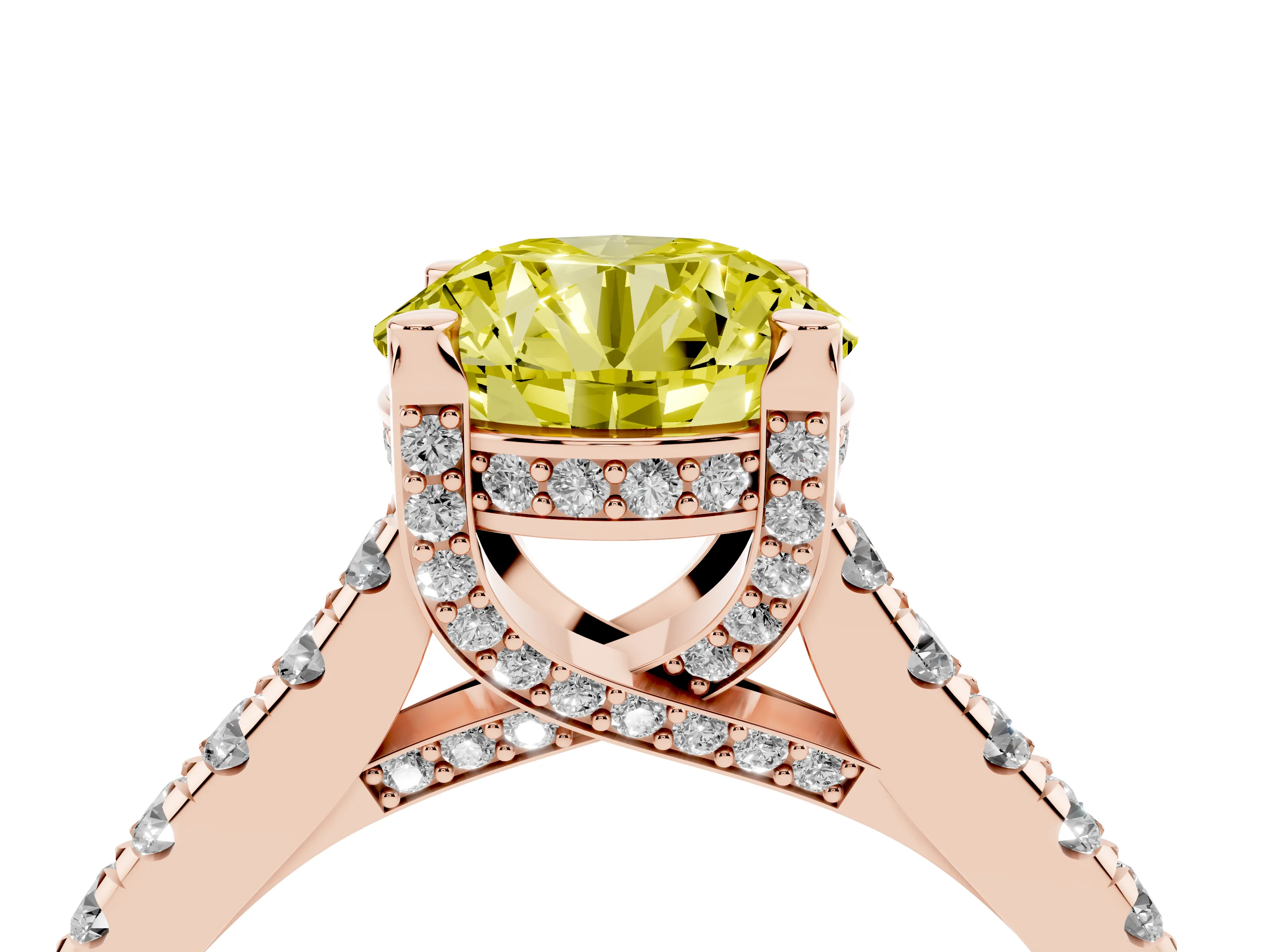 Fancy Yellow Round Cut Diamond Solitaire Ring Set in Rose gold with Brilliant Pavé Band and Prong Setting
