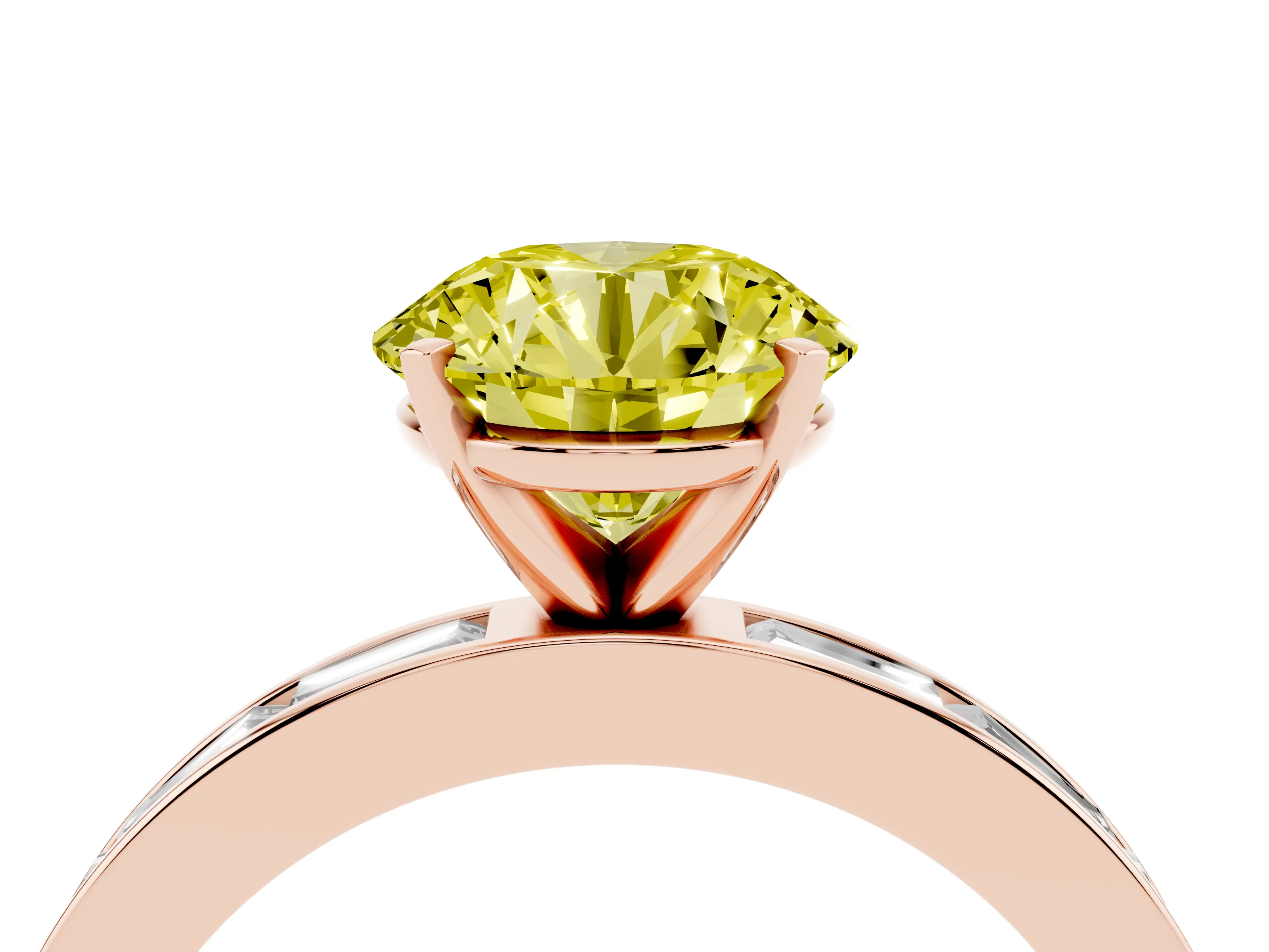 Fancy Yellow Round Cut Diamond Solitaire Ring Set in Rose gold with Channel-Set Baguette Band and Prong Setting