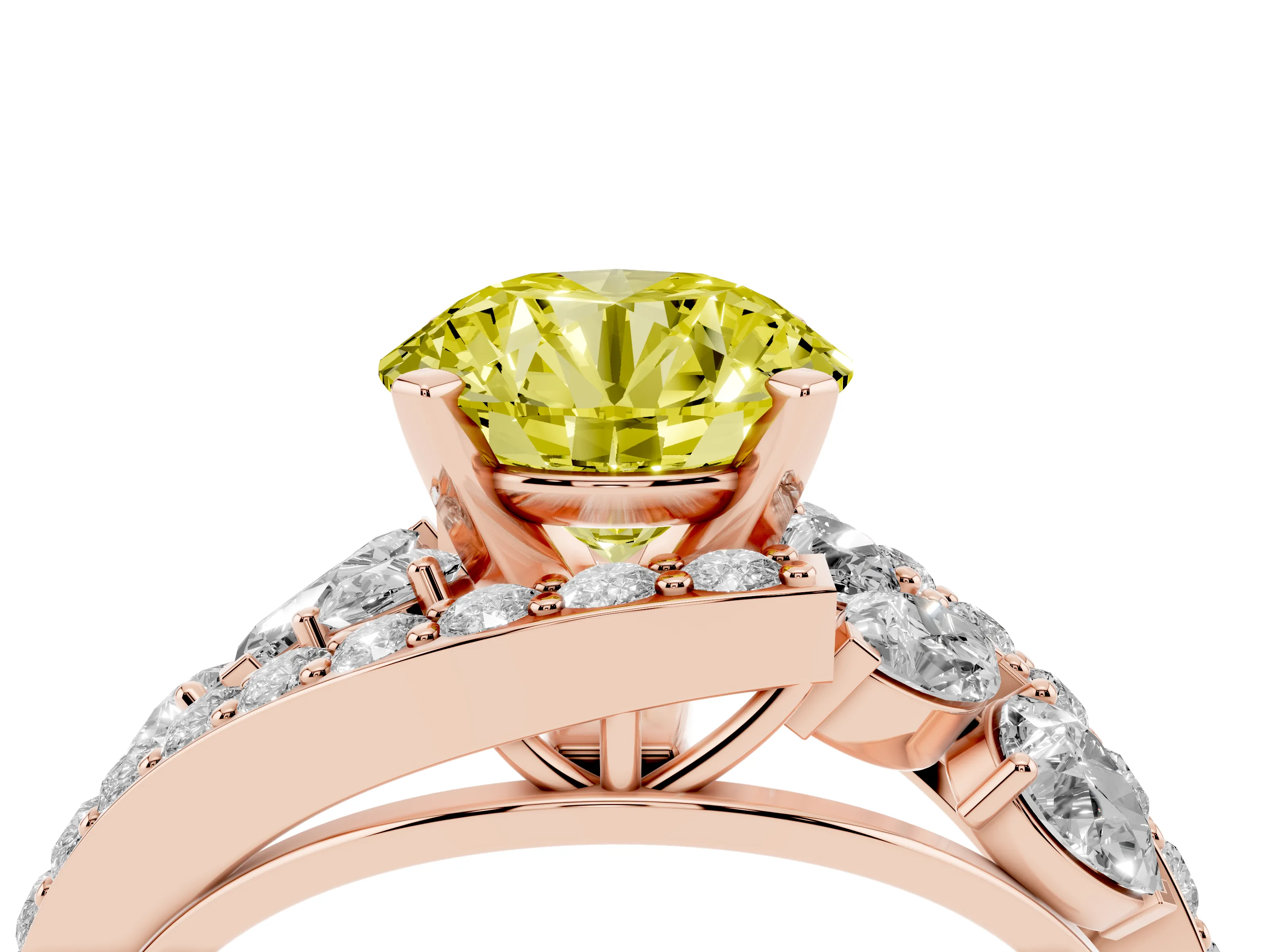 Fancy Yellow Round Cut Diamond Halo Ring Set in Rose gold with Marquise and Pavé Band in Prong Setting