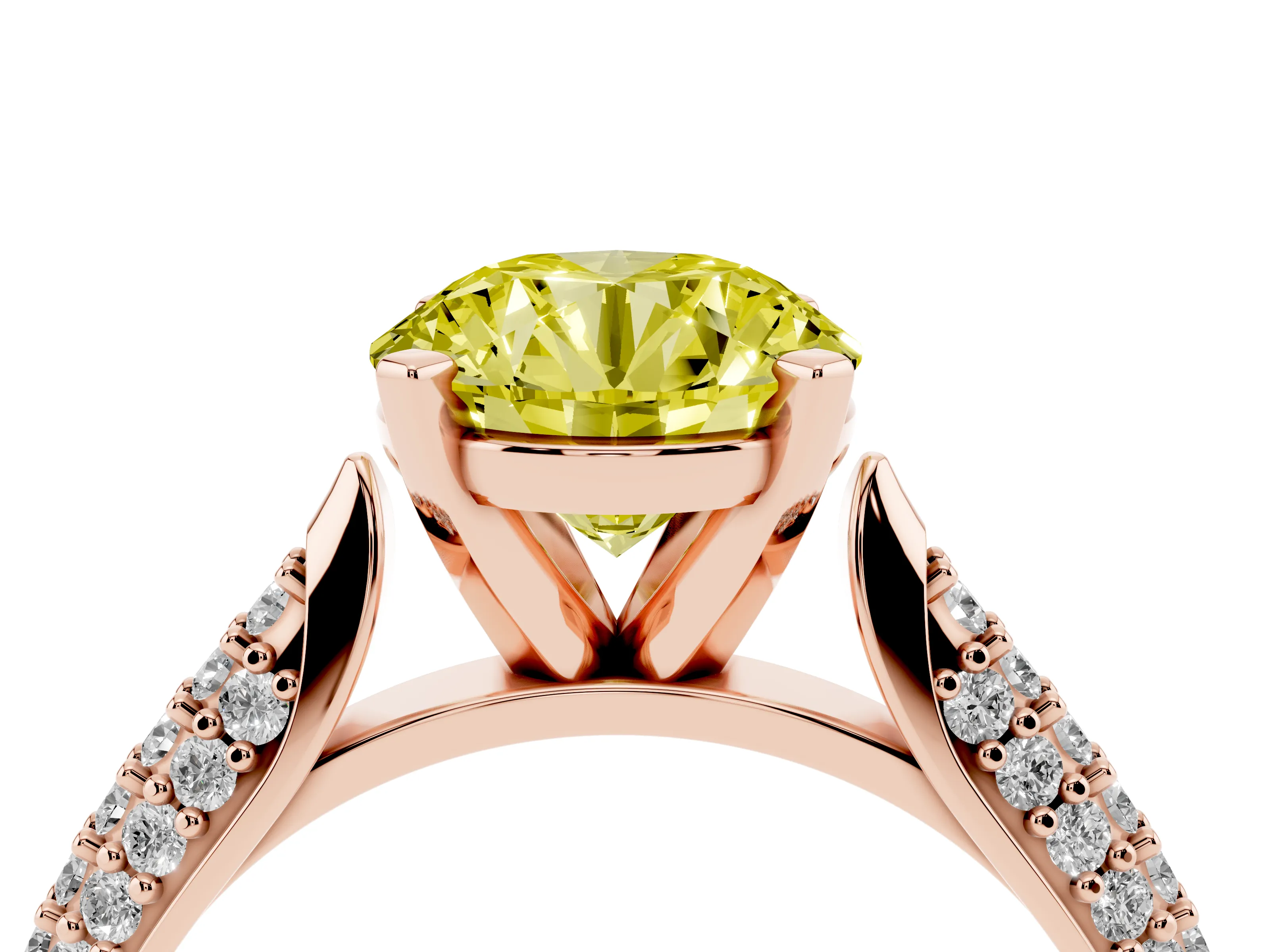 Fancy Yellow Round Cut Diamond Solitaire Engagement Ring Set in Rose gold with Multi-Row Round Pavé Band and Prong Setting