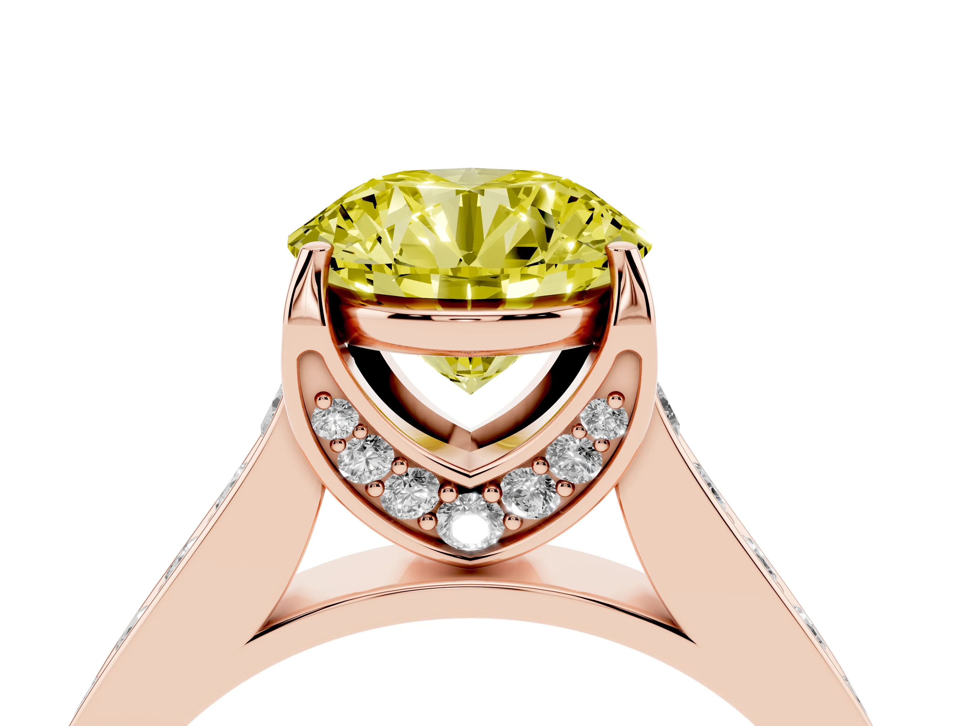 Fancy Yellow Round Cut Diamond Solitaire Pavé Engagement Ring Set in Rose gold with Prong Setting