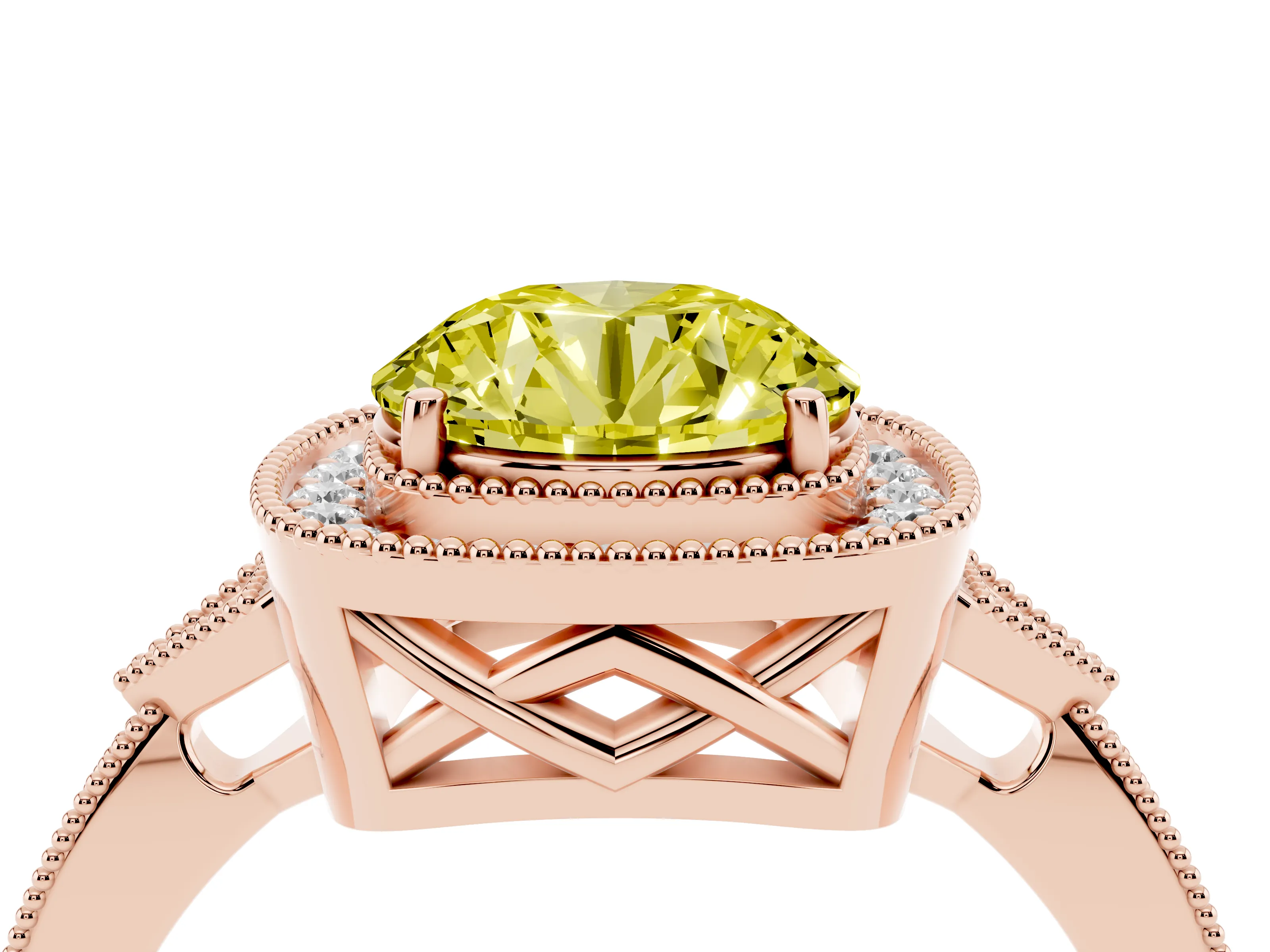 Fancy Yellow Round Cut Diamond Halo Engagement Ring Set in Rose gold with Milgrain Pavé Band
