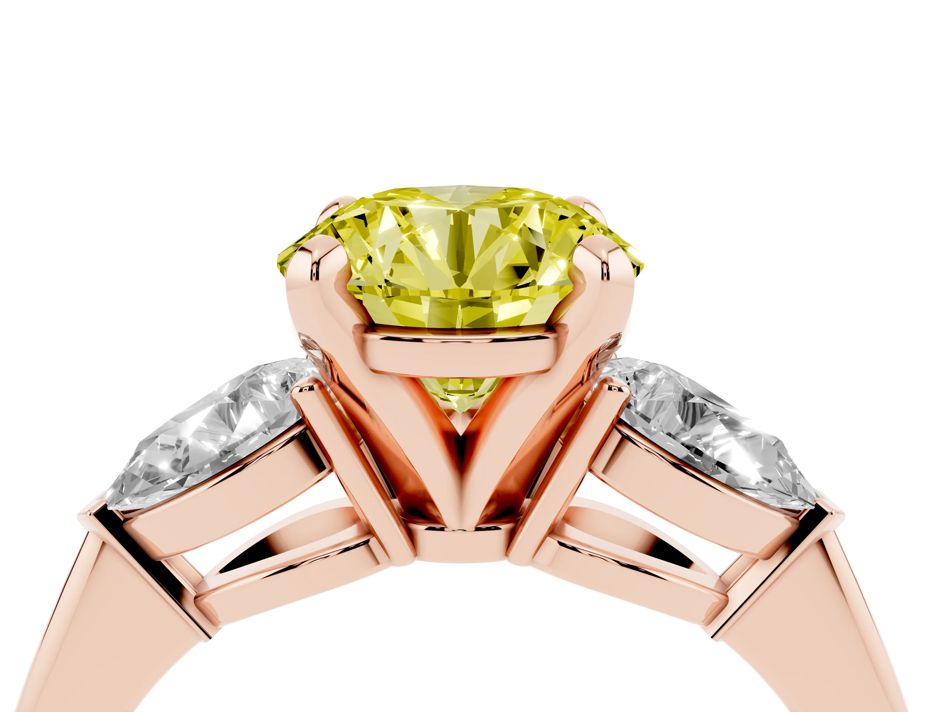 Fancy Yellow Three-Stone Round Cut Diamond Ring Set in Rose gold with Pear Side Stones and Prong Setting