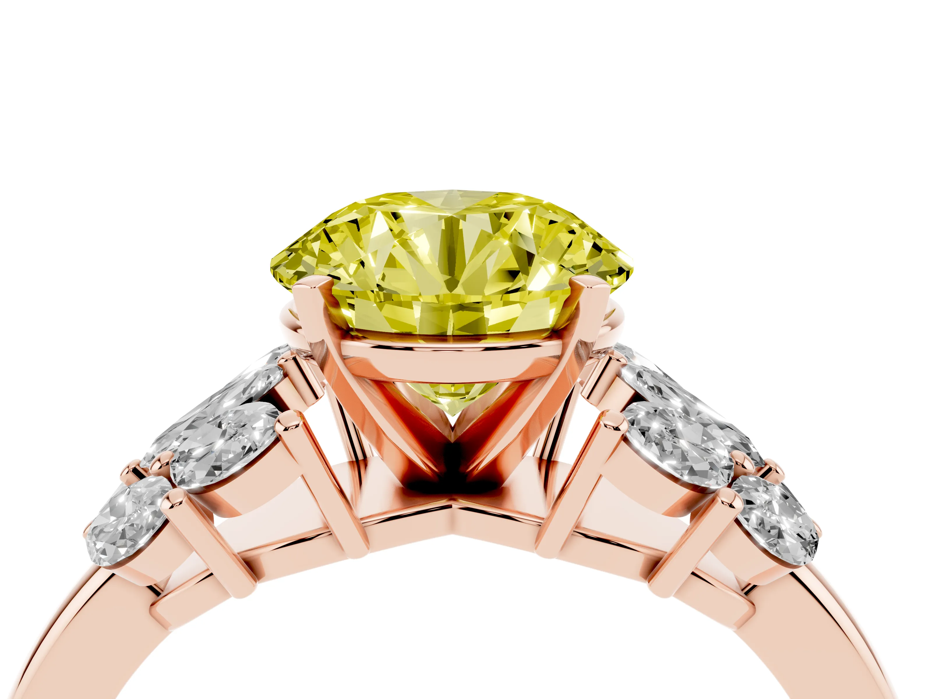 Fancy Yellow Round Cut Diamond Cluster Leaf Design Ring Set in Rose gold with Prong Setting