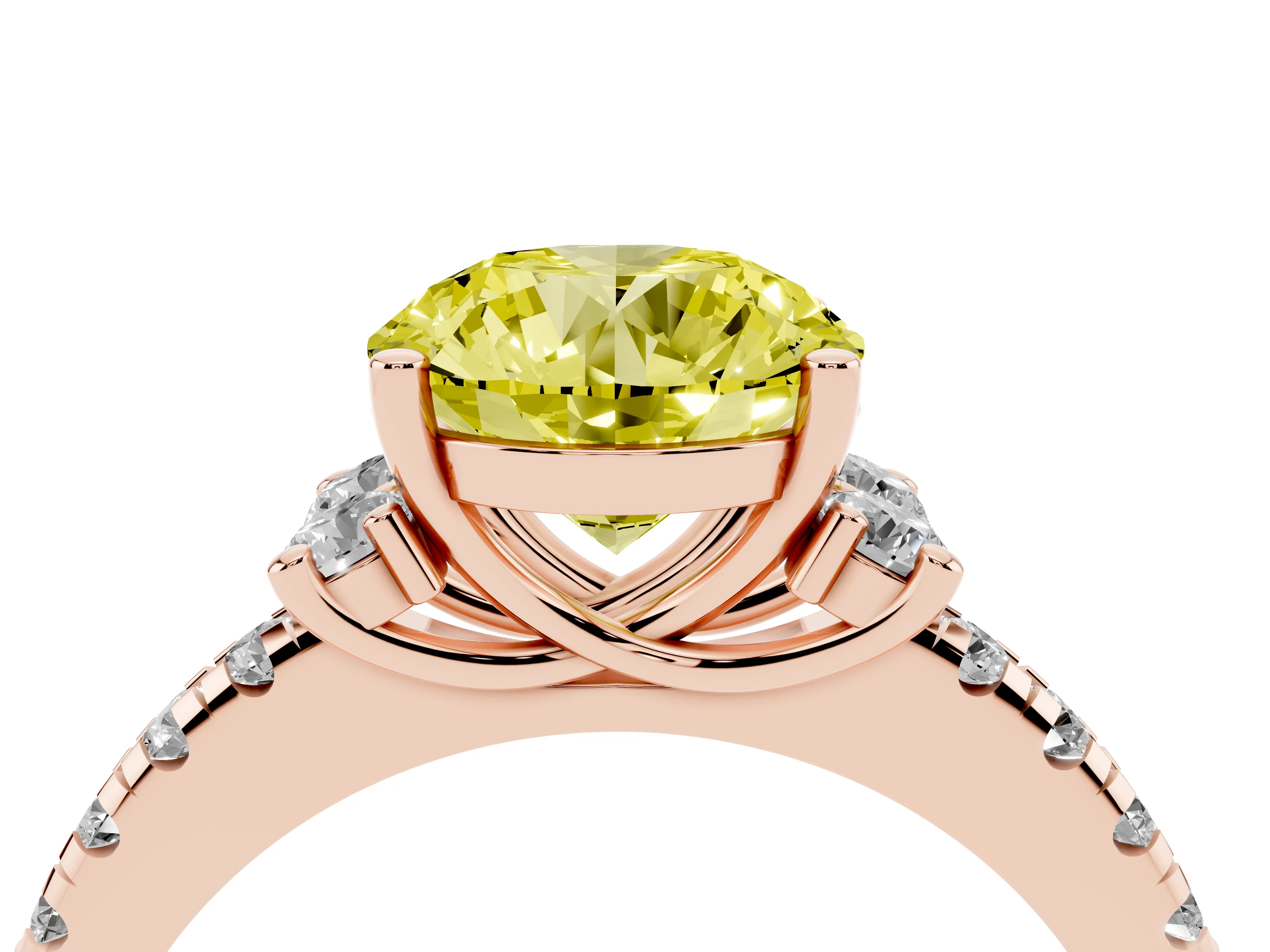 Fancy Yellow Round Cut Diamond Three-Stone Pavé Ring Set in Rose gold with Prong Setting