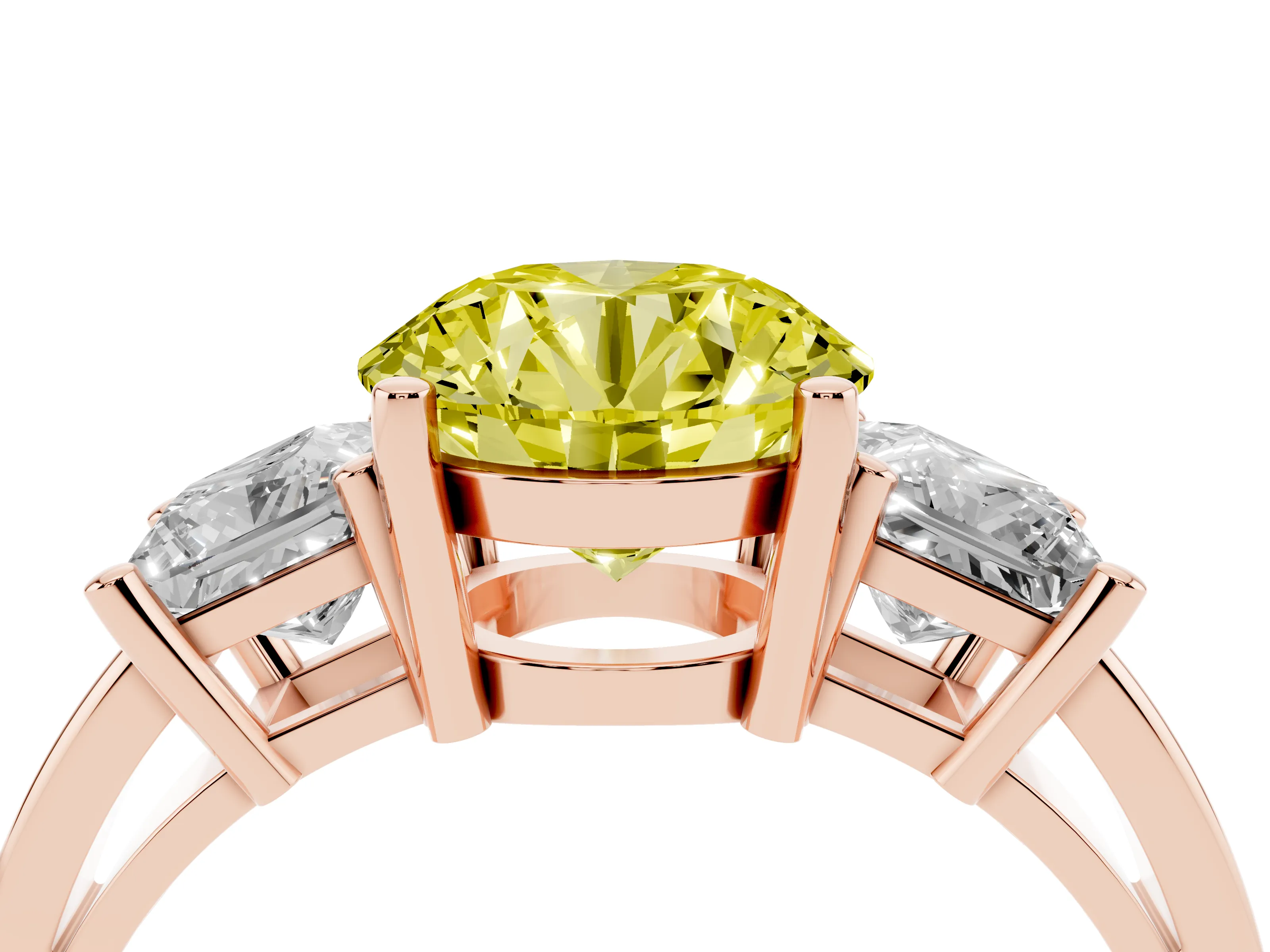Fancy Yellow Three-Stone Round Cut Diamond Solitaire Ring Set in Rose gold with Prong Setting