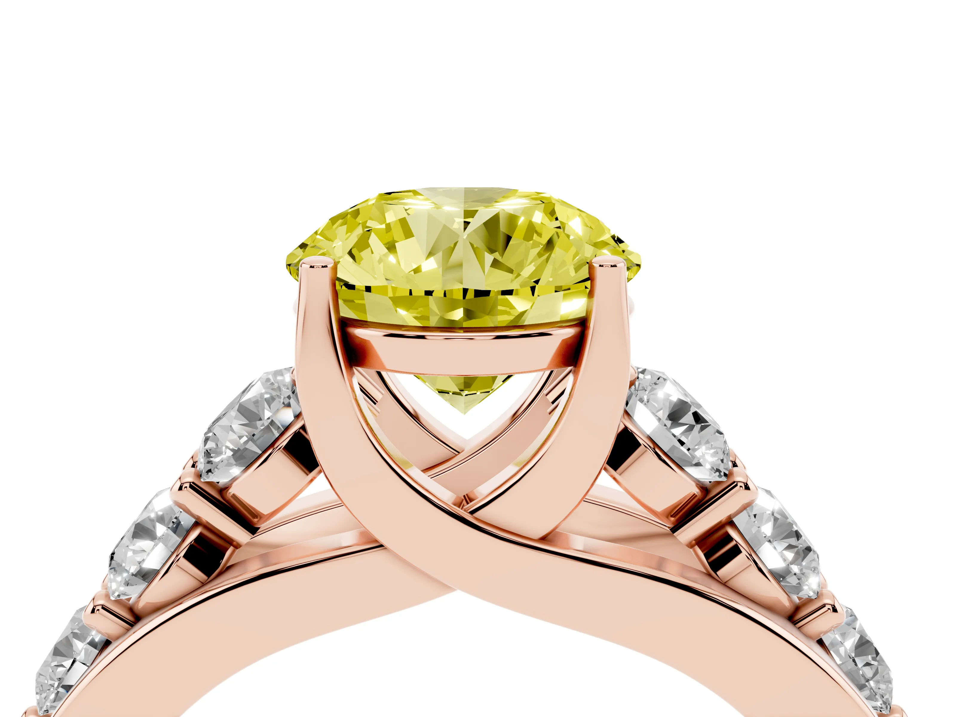 Fancy Yellow Round Cut Diamond Pavé Engagement Ring Set in Rose gold with Prong Setting