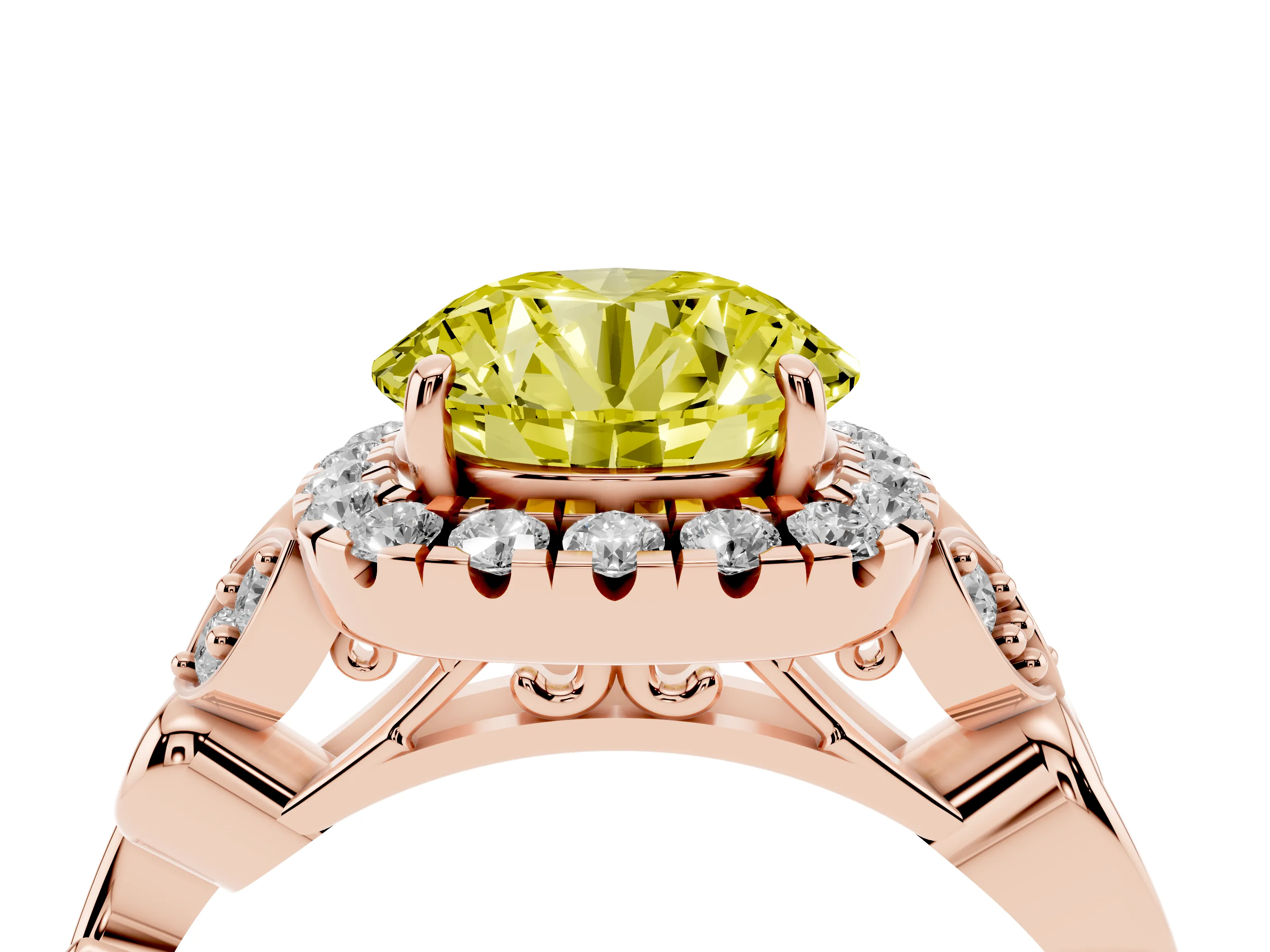Fancy Yellow Round Cut Diamond Halo Engagement Ring Set in Rose gold with Vintage-Inspired Band and Prong Setting