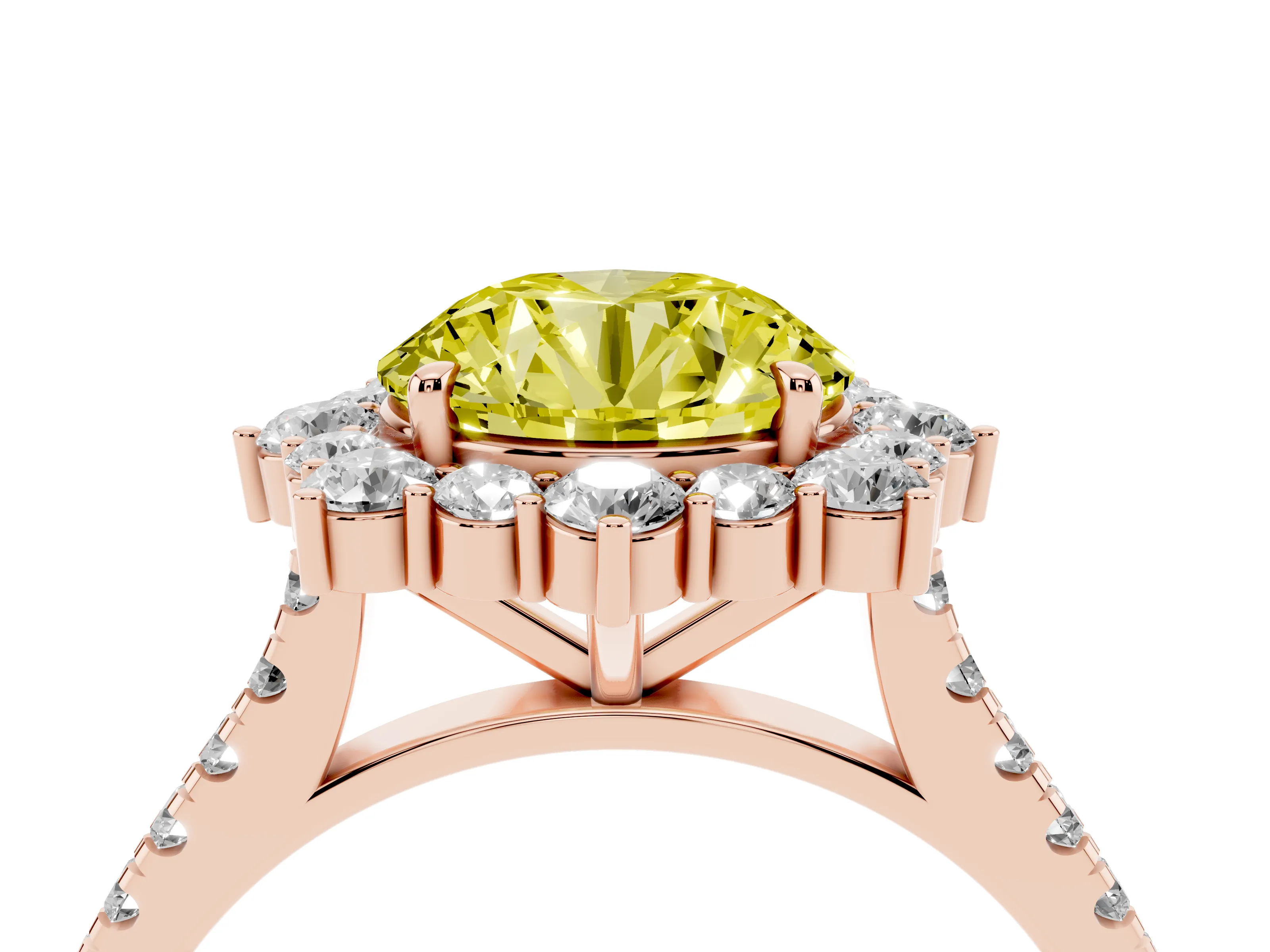 Fancy Yellow Round Cut Diamond Halo Ring Set in Rose gold with Pavé Band and Prong Setting
