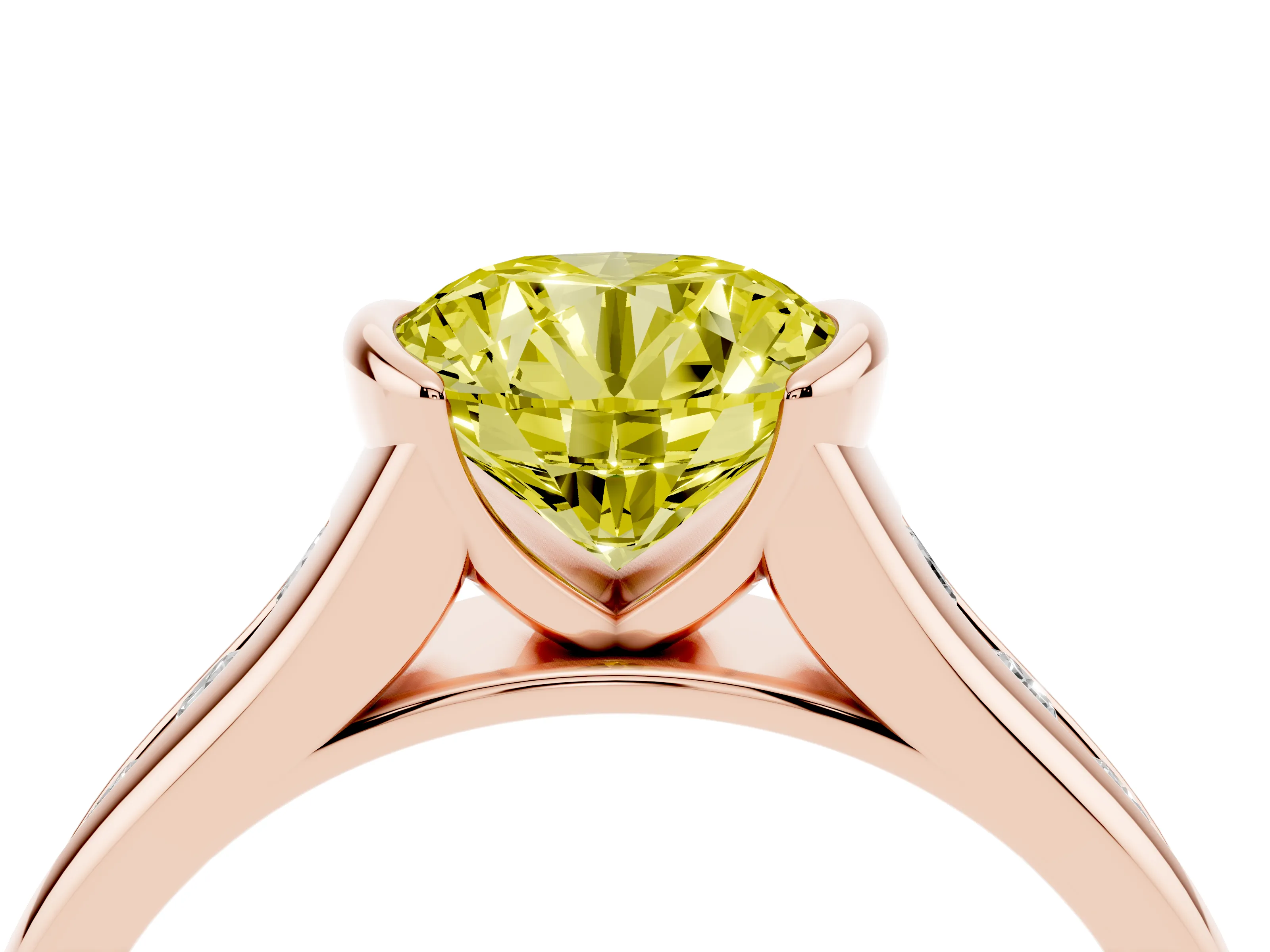 Fancy Yellow Round Cut Diamond Bezel-Set Solitaire Ring Set in Rose gold with Channel-Set Band