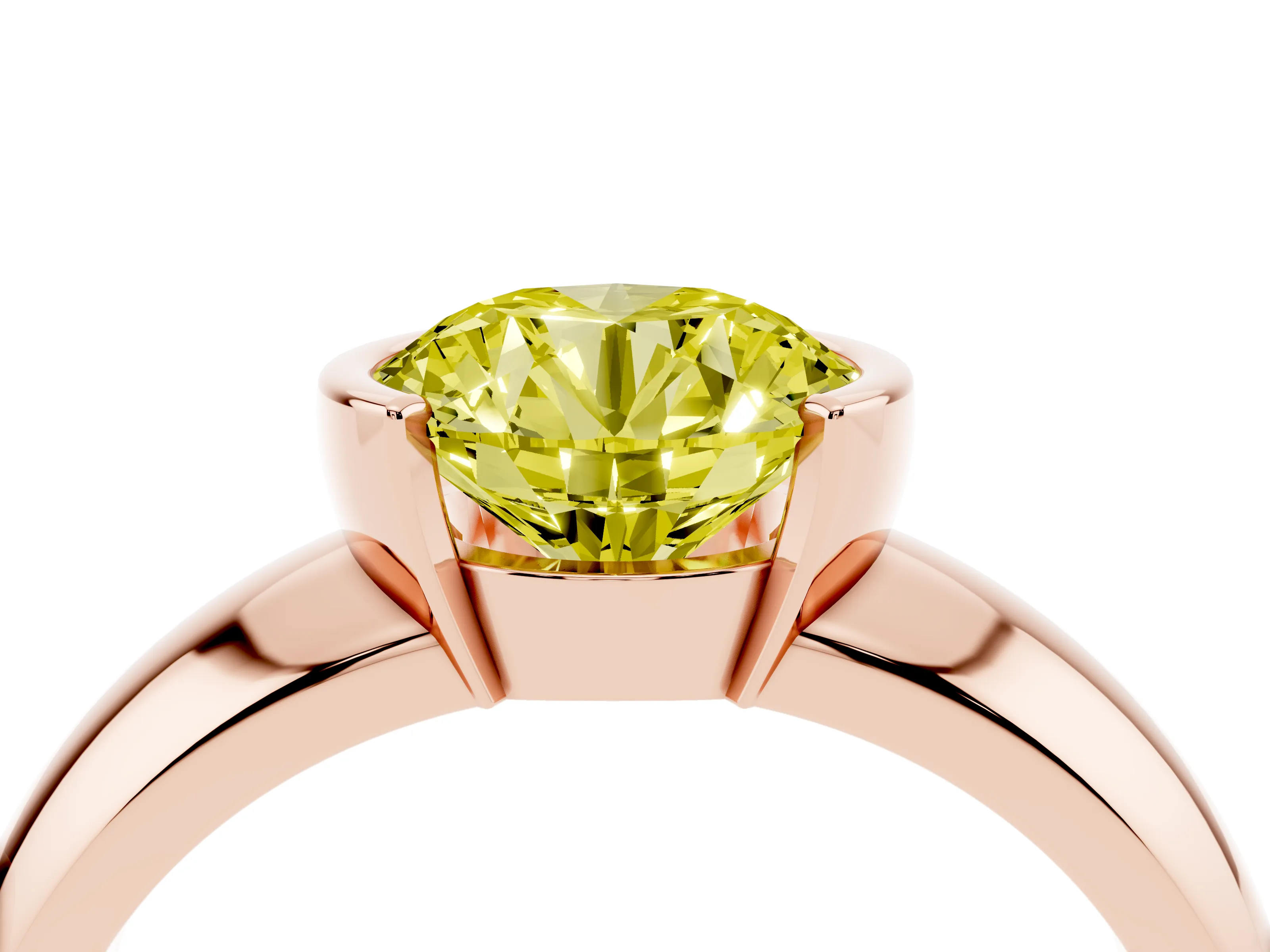 Fancy Yellow Round Cut Diamond Solitaire Tension Set Ring Set in Rose gold with Wide Band