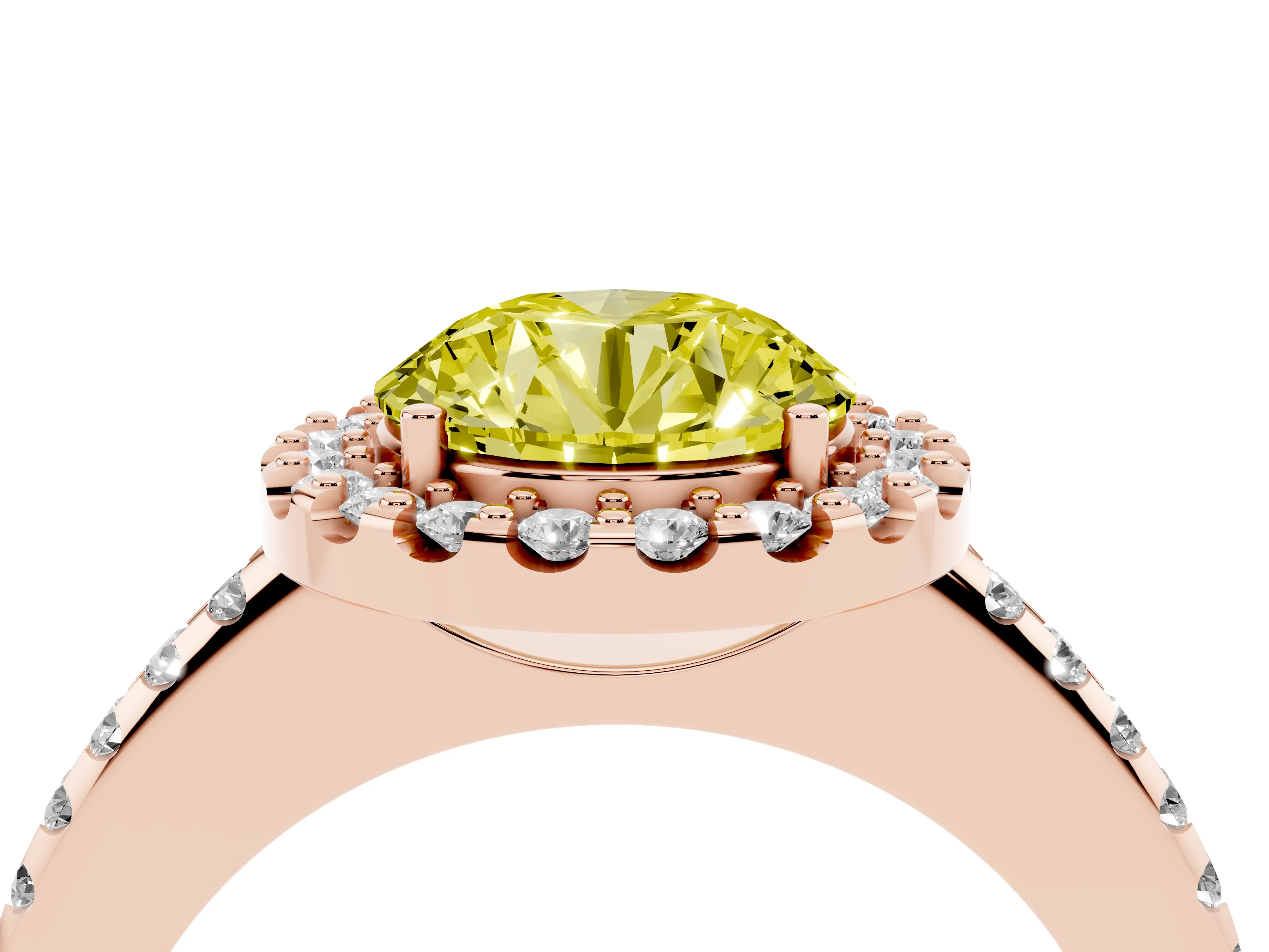 Fancy Yellow Round Cut Diamond Pavé Halo Ring Set in Rose gold with Prong Setting