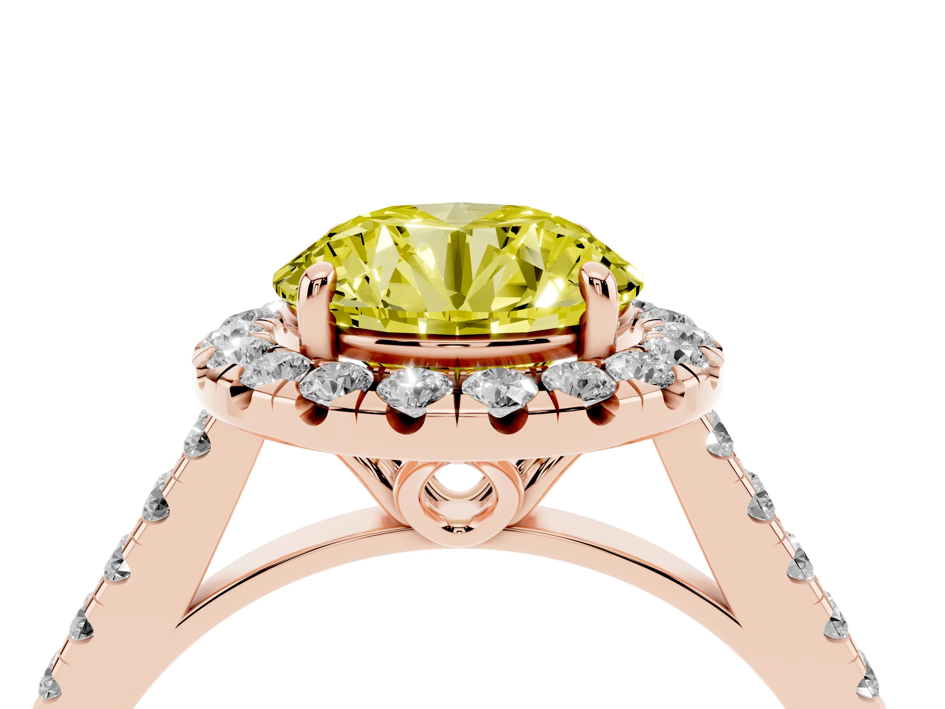 Fancy Yellow Round Cut Diamond Pavé Halo Engagement Ring Set in Rose gold with Pavé Band and Prong Setting