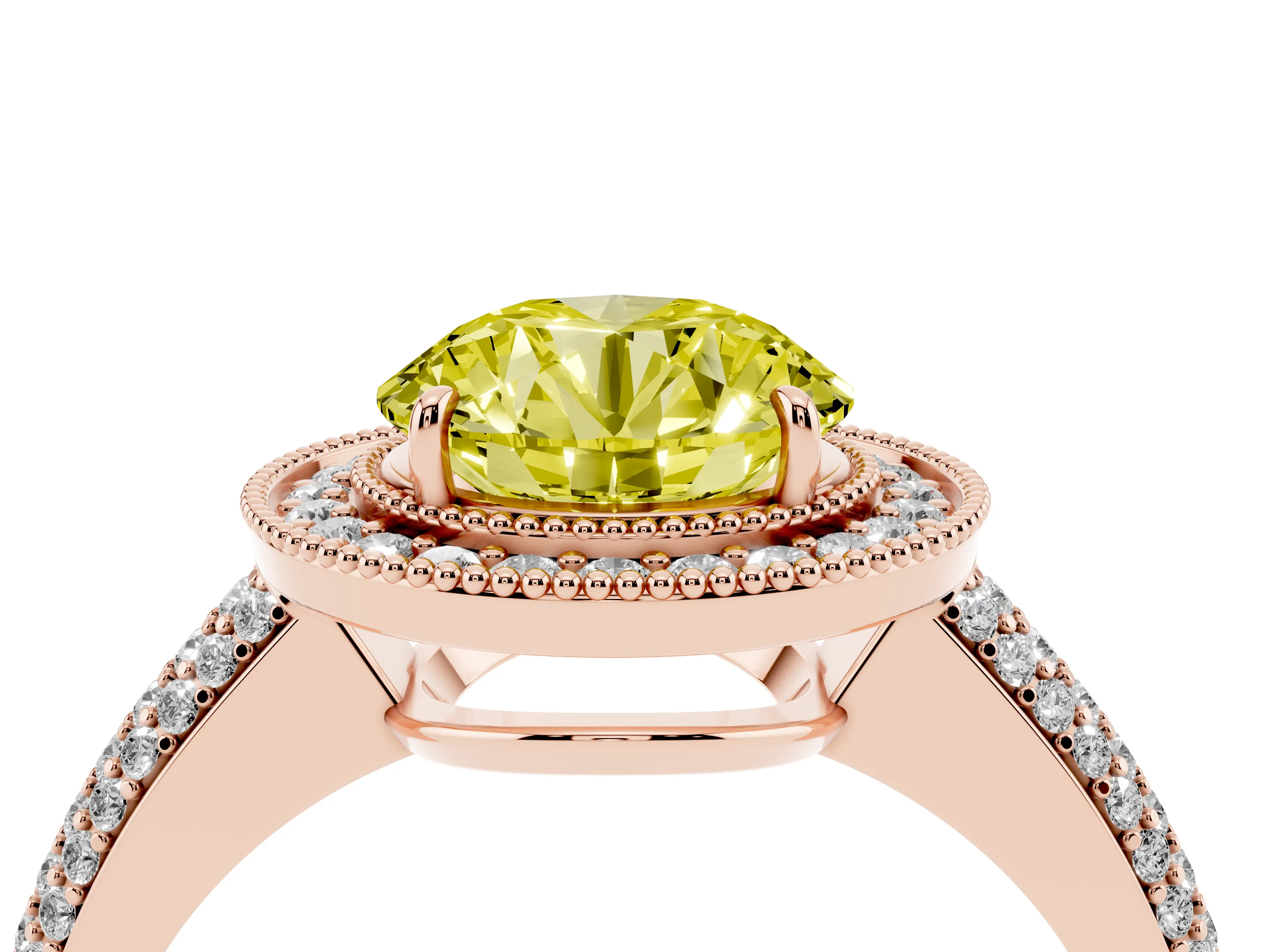 Fancy Yellow Round Cut Diamond Halo Pavé Band Set in Rose gold with Prong Setting
