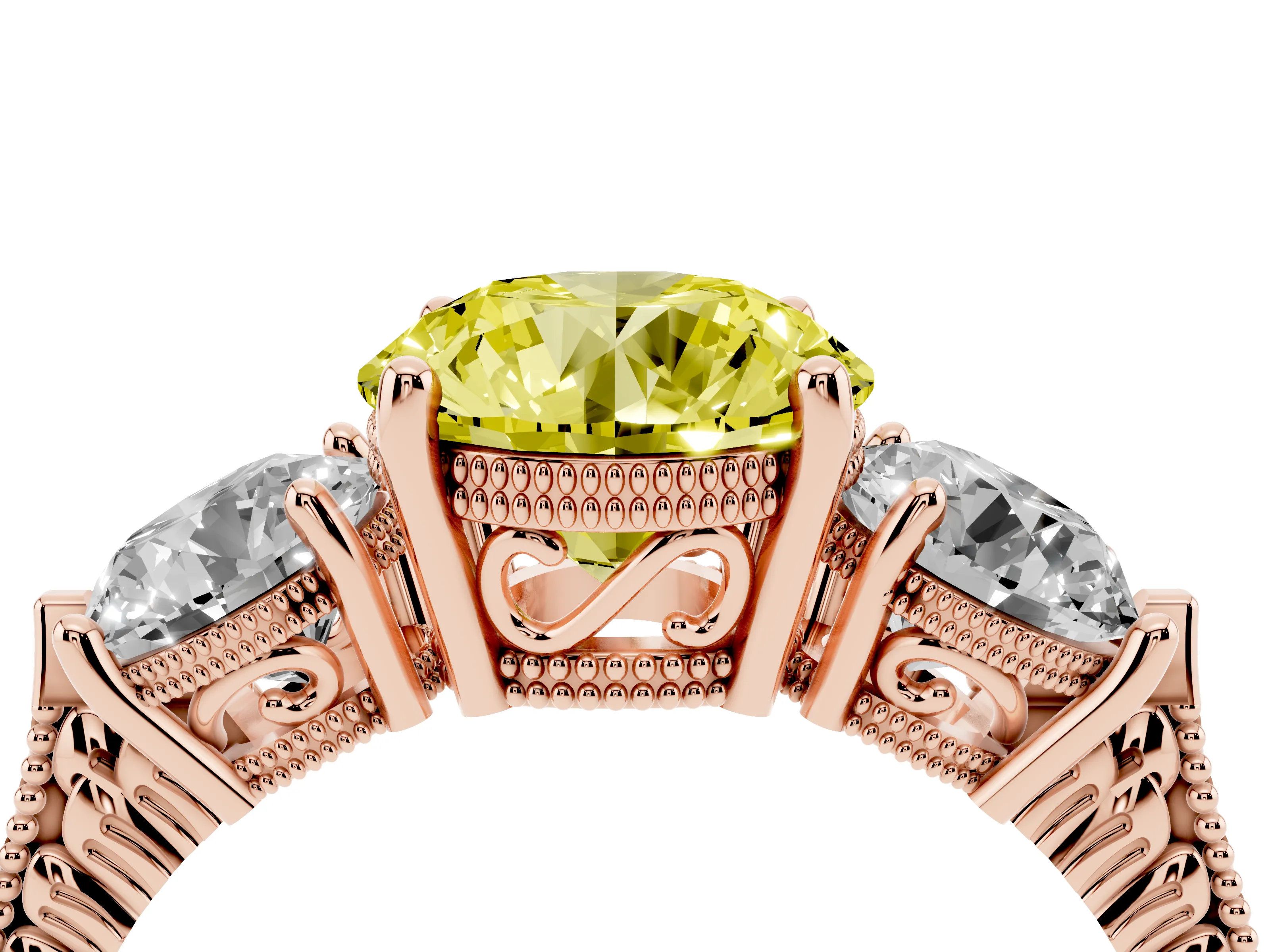 Fancy Yellow Round Cut Diamond Three-Stone Ring Set in Rose gold with Milgrain Band