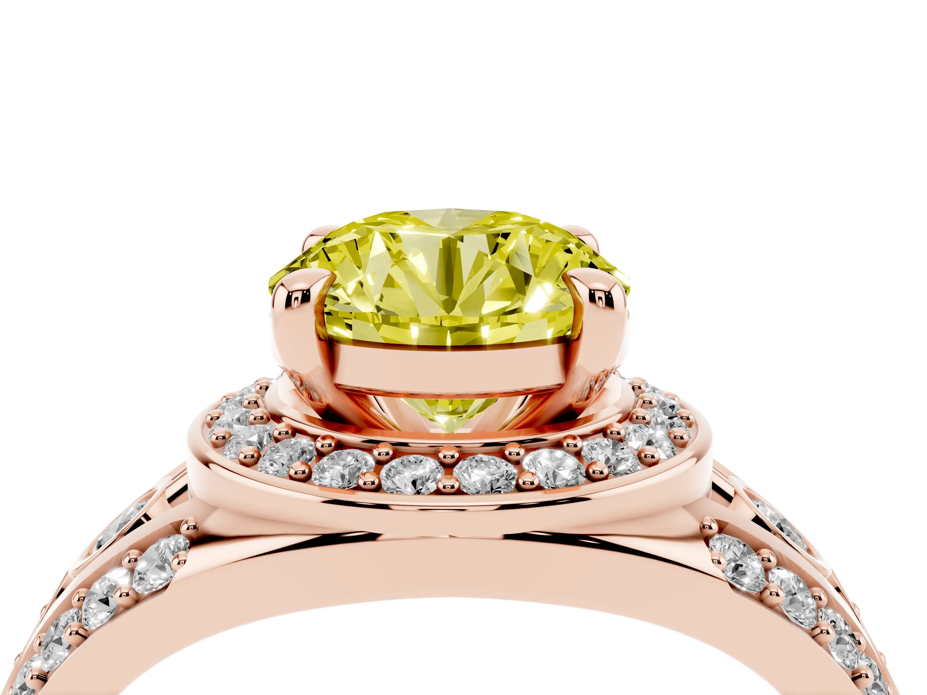Fancy Yellow Round Cut Diamond Halo Ring Set in Rose gold with Pavé Split Shank and Bezel Accents