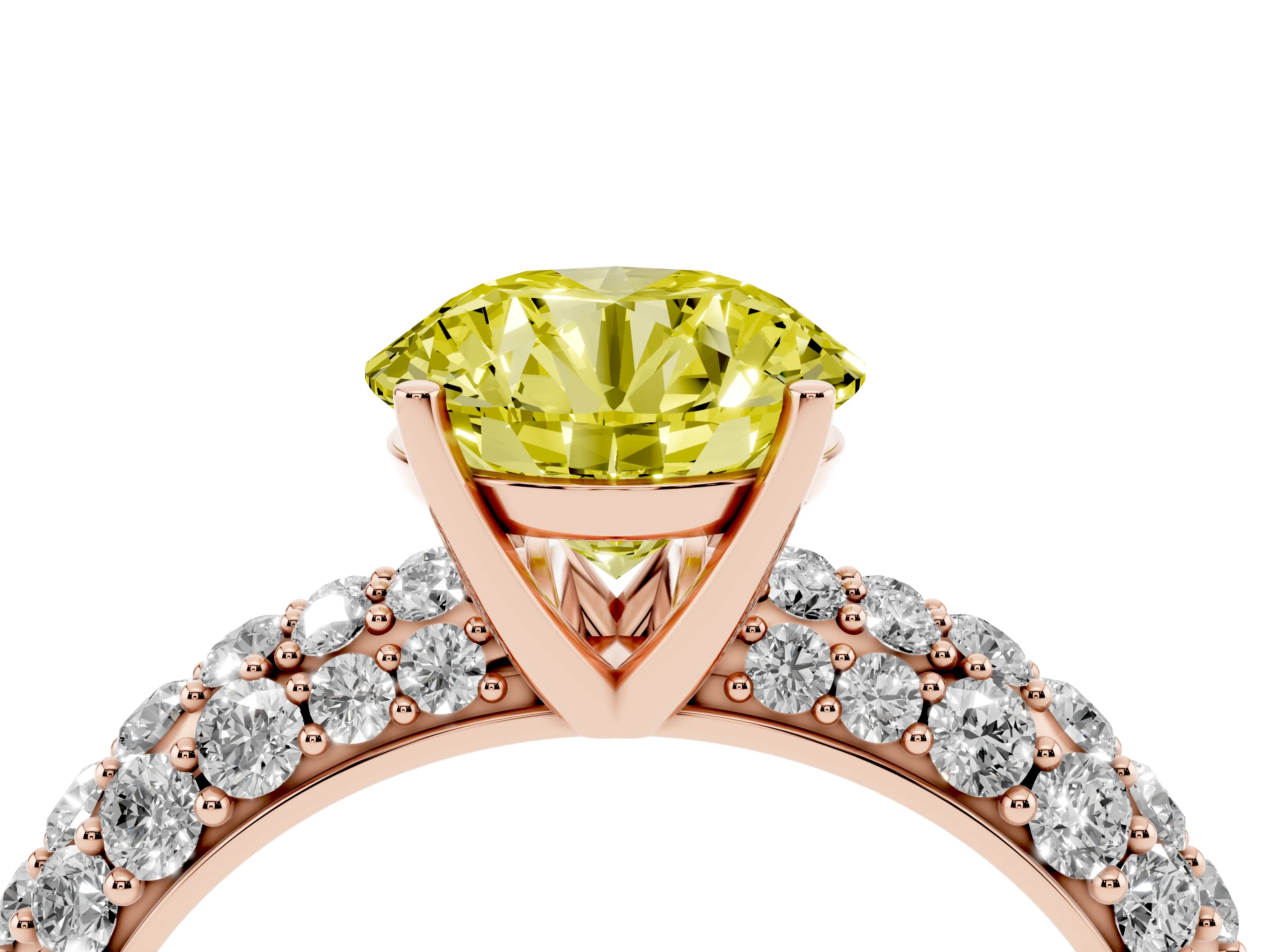 Fancy Yellow Round Cut Diamond Pavé Band Solitaire Ring Set in Rose gold with Close-Set Accent Stones and Prong Setting