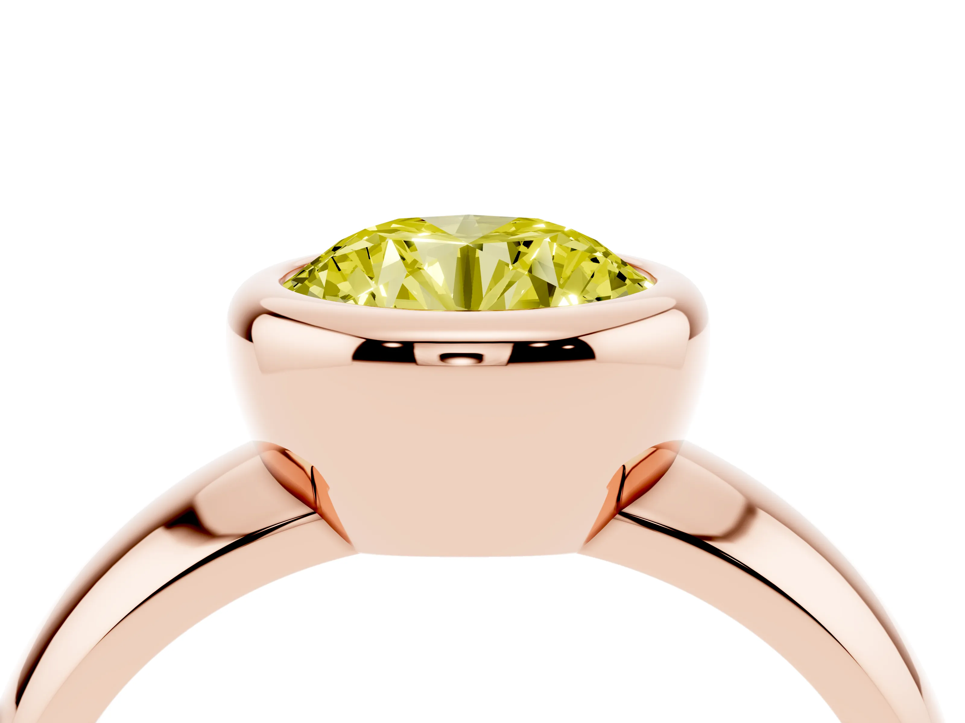 Fancy Yellow Bezel Set Round Cut Diamond Solitaire Ring Set in Rose gold with Wide Band