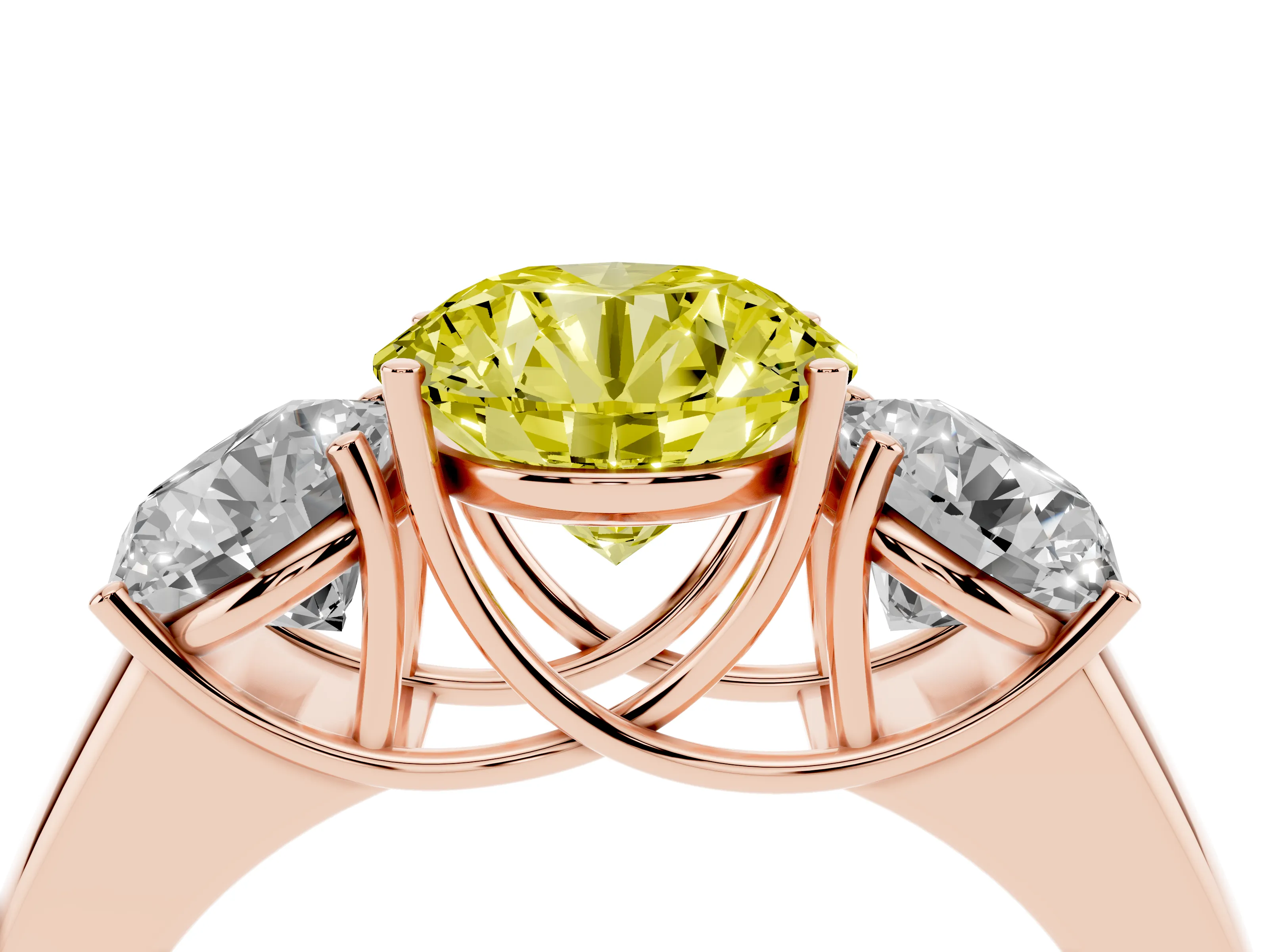 Fancy Yellow Three-Stone Round Cut Diamond Ring Set in Rose gold with Matching Prong Settings and Plain Band