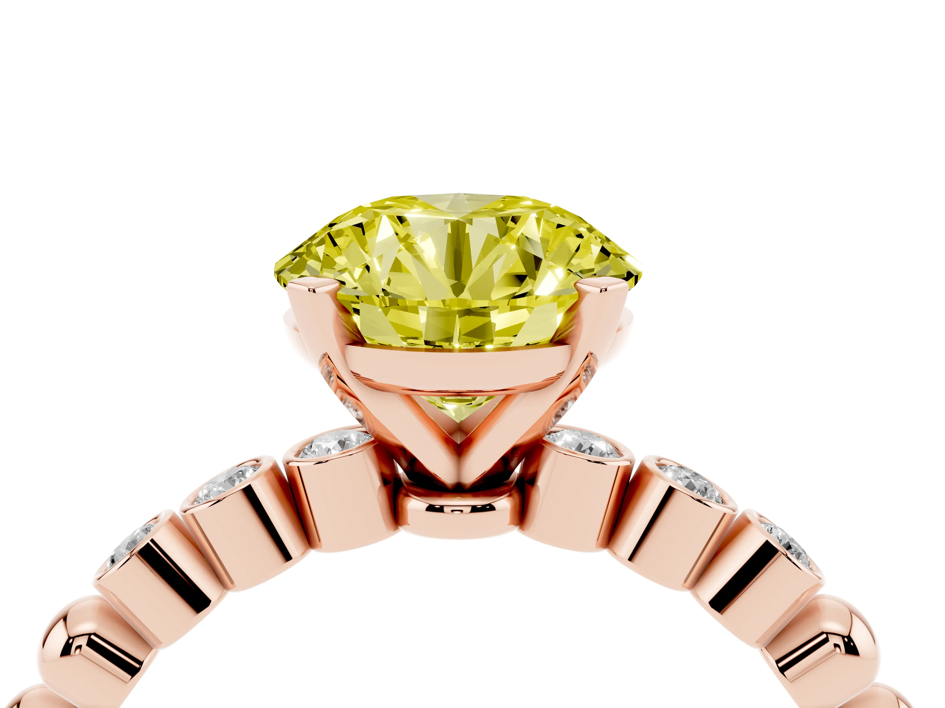 Fancy Yellow Round Cut Diamond Solitaire Engagement Ring Set in Rose gold with Bezel Accents on Beaded Band