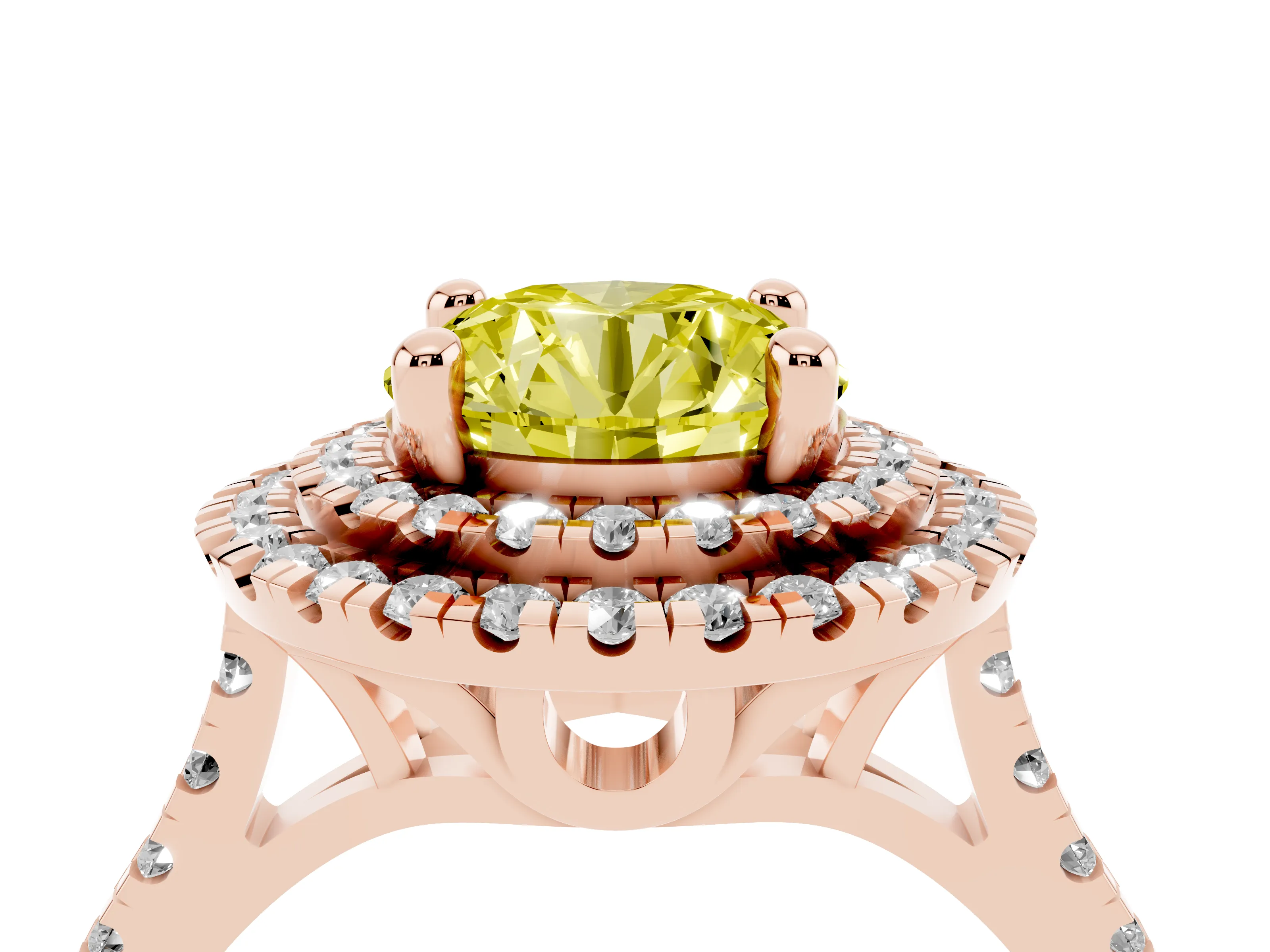 Fancy Yellow Round Cut Diamond Double Halo Statement Ring Set in Rose gold with Pavé Band
