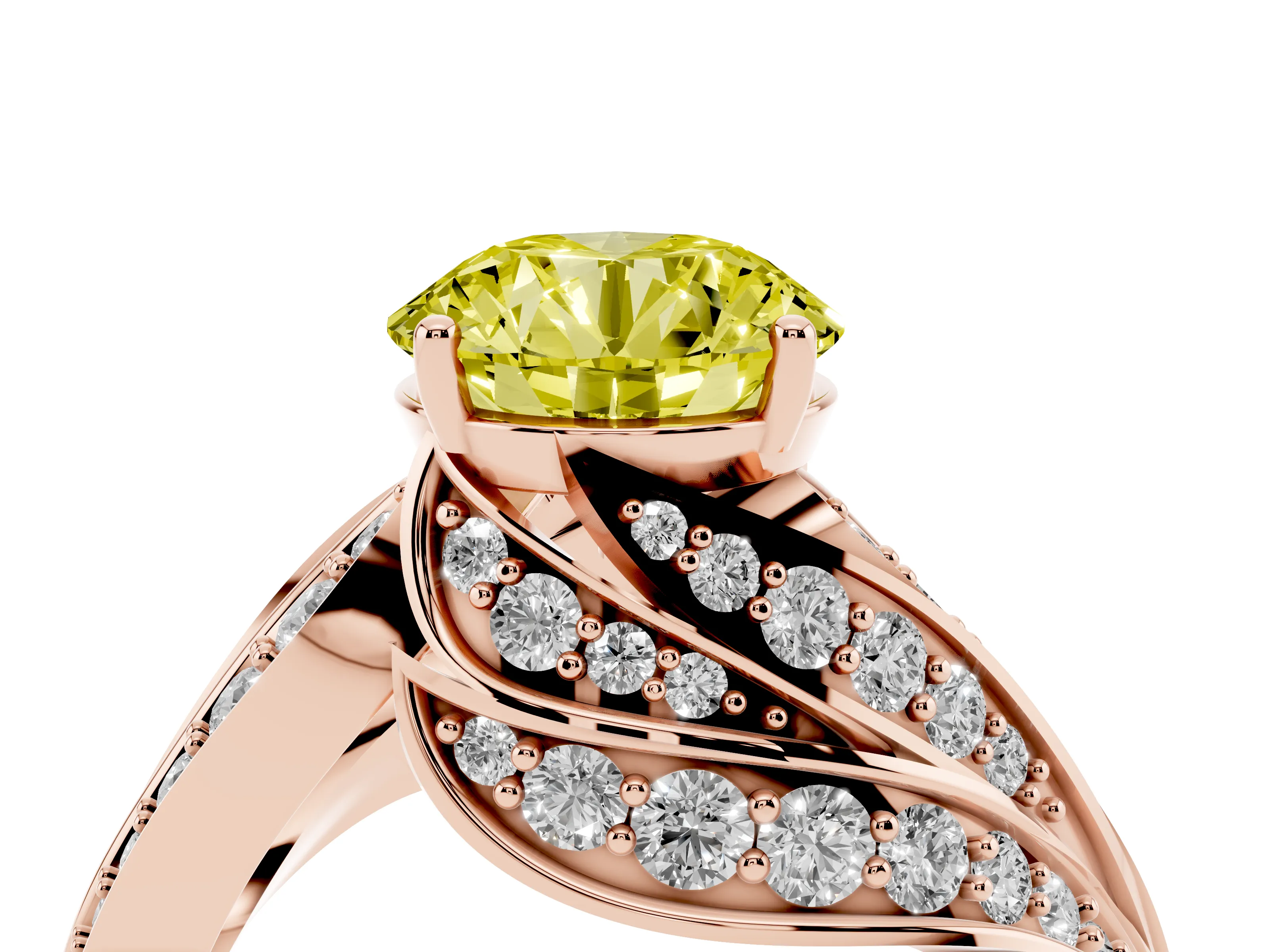 Fancy Yellow Round Cut Diamond Solitaire Ring Set in Rose gold with Layered Twist Pavé Band