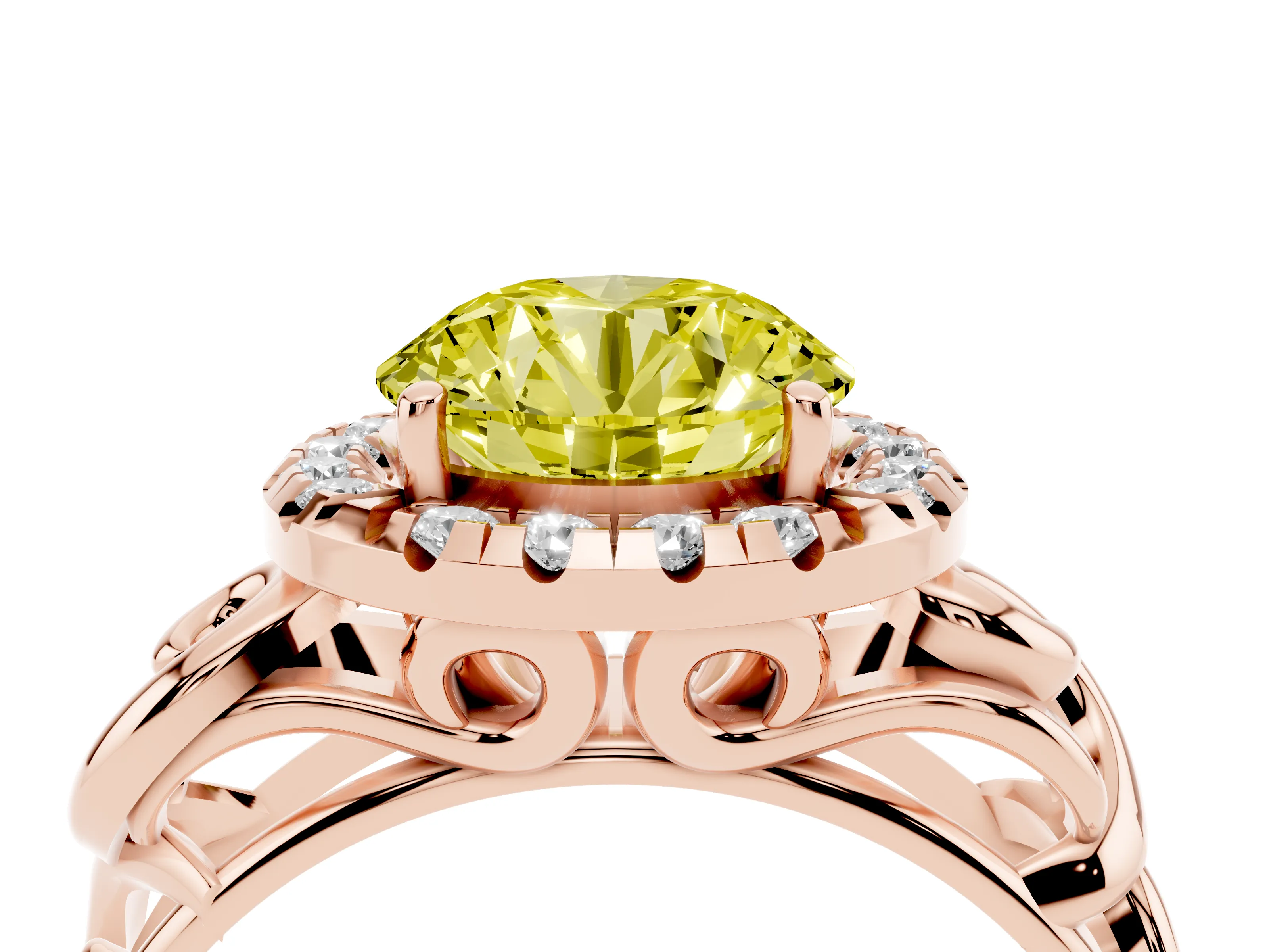 Fancy Yellow Round Cut Diamond Halo Ring Set in Rose gold with Scrollwork Band and Prong Setting