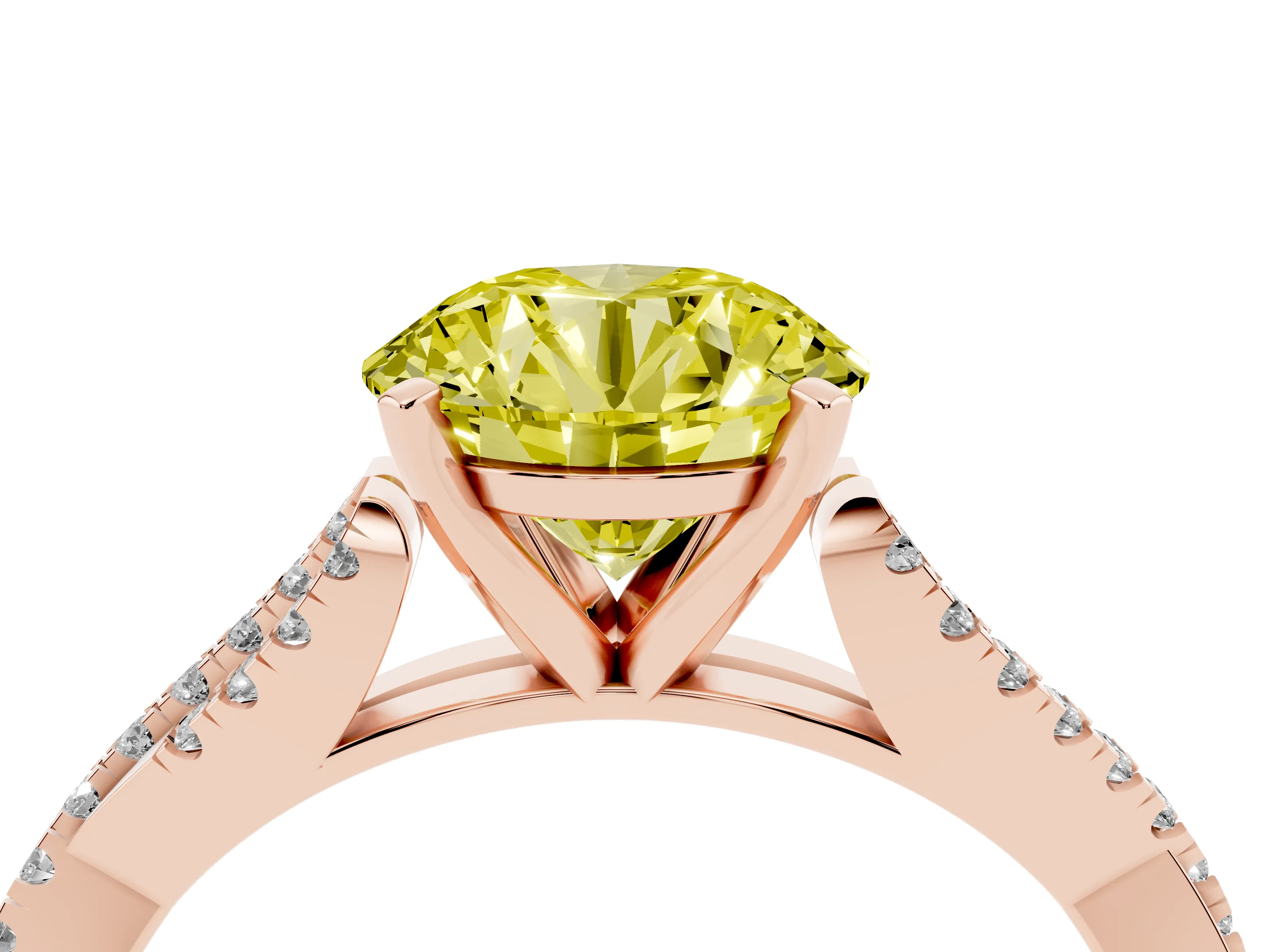 Fancy Yellow Round Cut Diamond Solitaire Engagement Ring Set in Rose gold with Twisted Pavé Band and Prong Setting