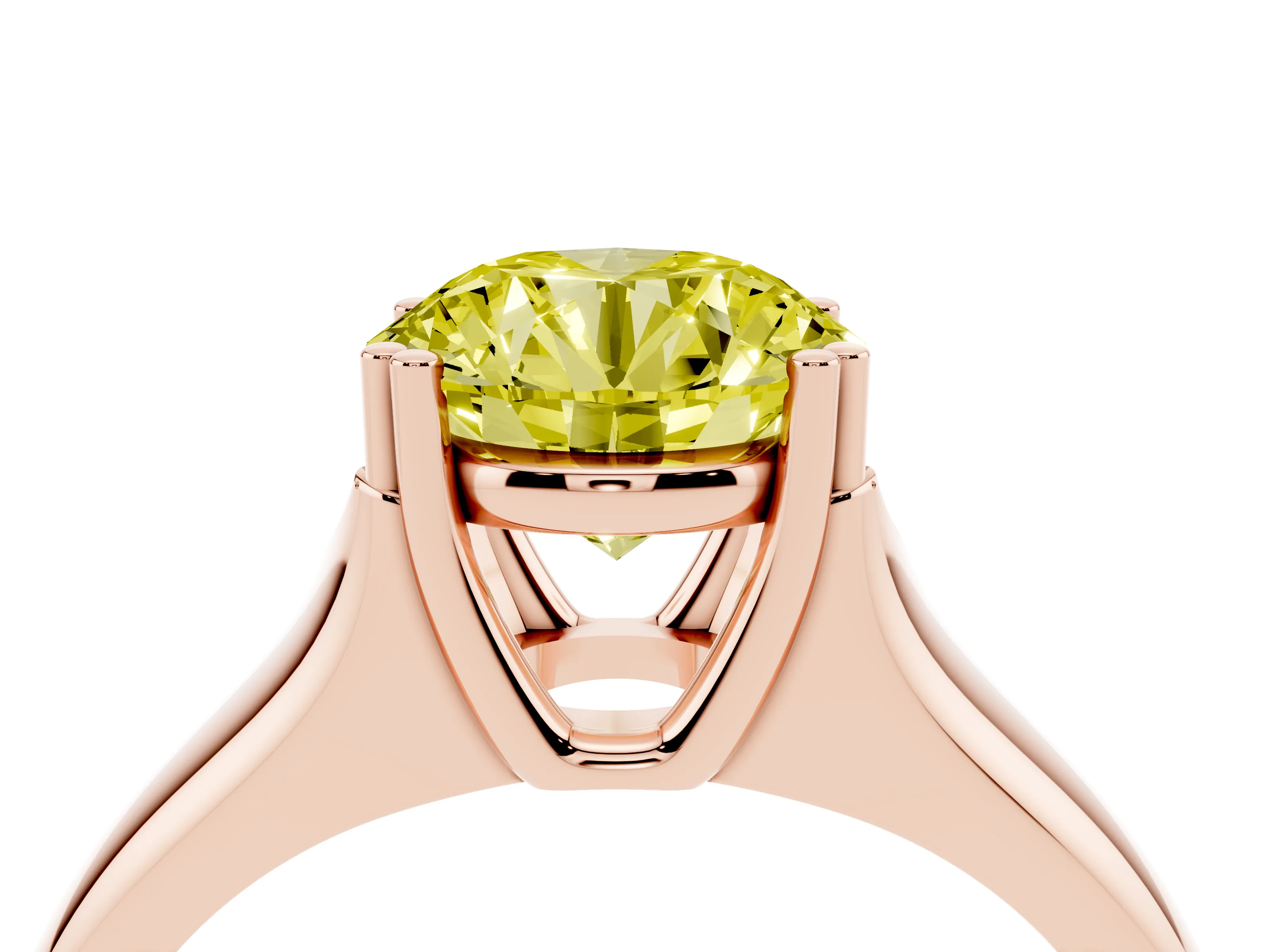 Fancy Yellow Round Cut Diamond Solitaire Ring Set in Rose gold with Wide Band and Prong Setting