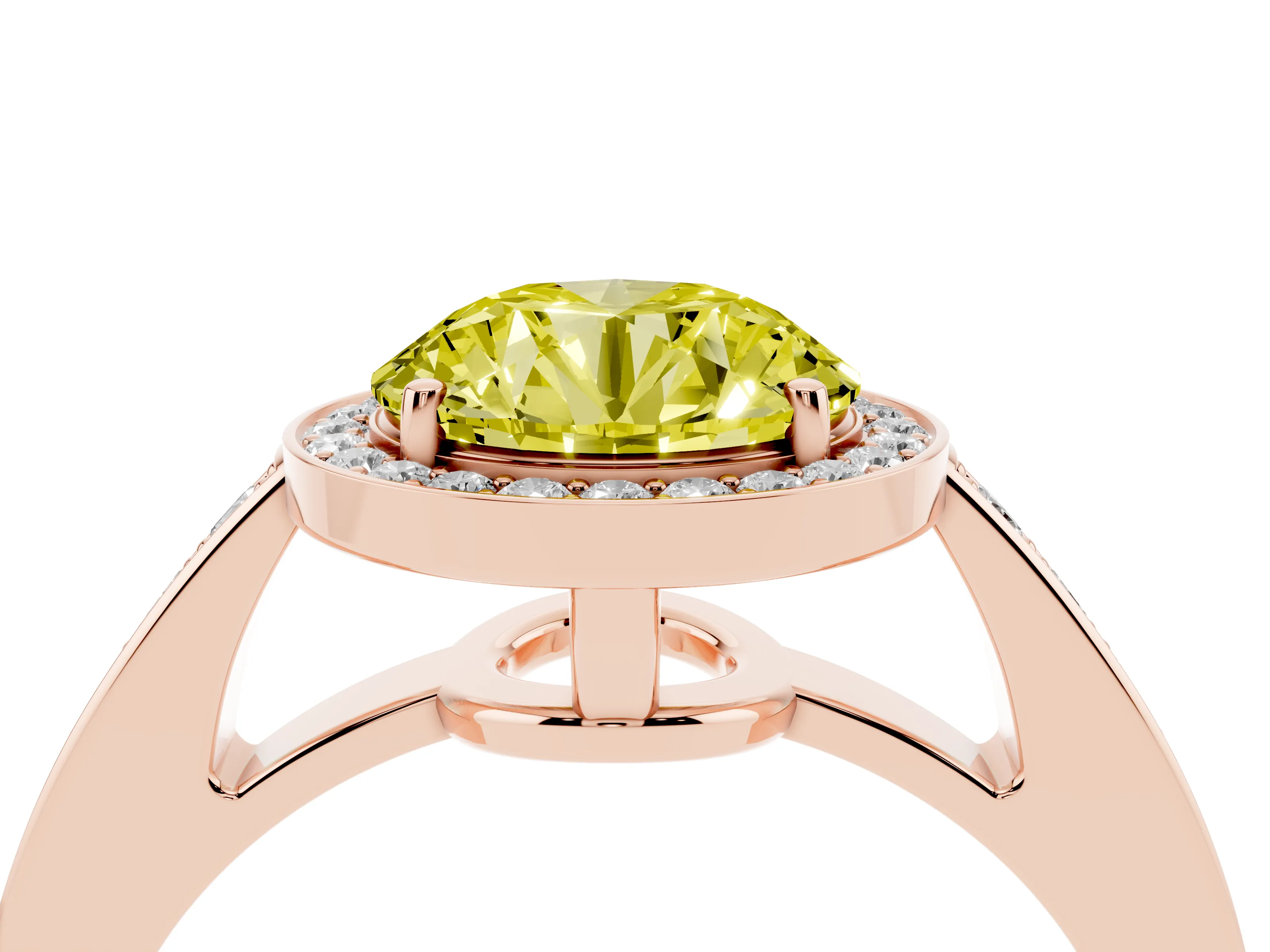 Fancy Yellow Round Cut Diamond Halo Pavé Engagement Ring Set in Rose gold with Bezel Setting