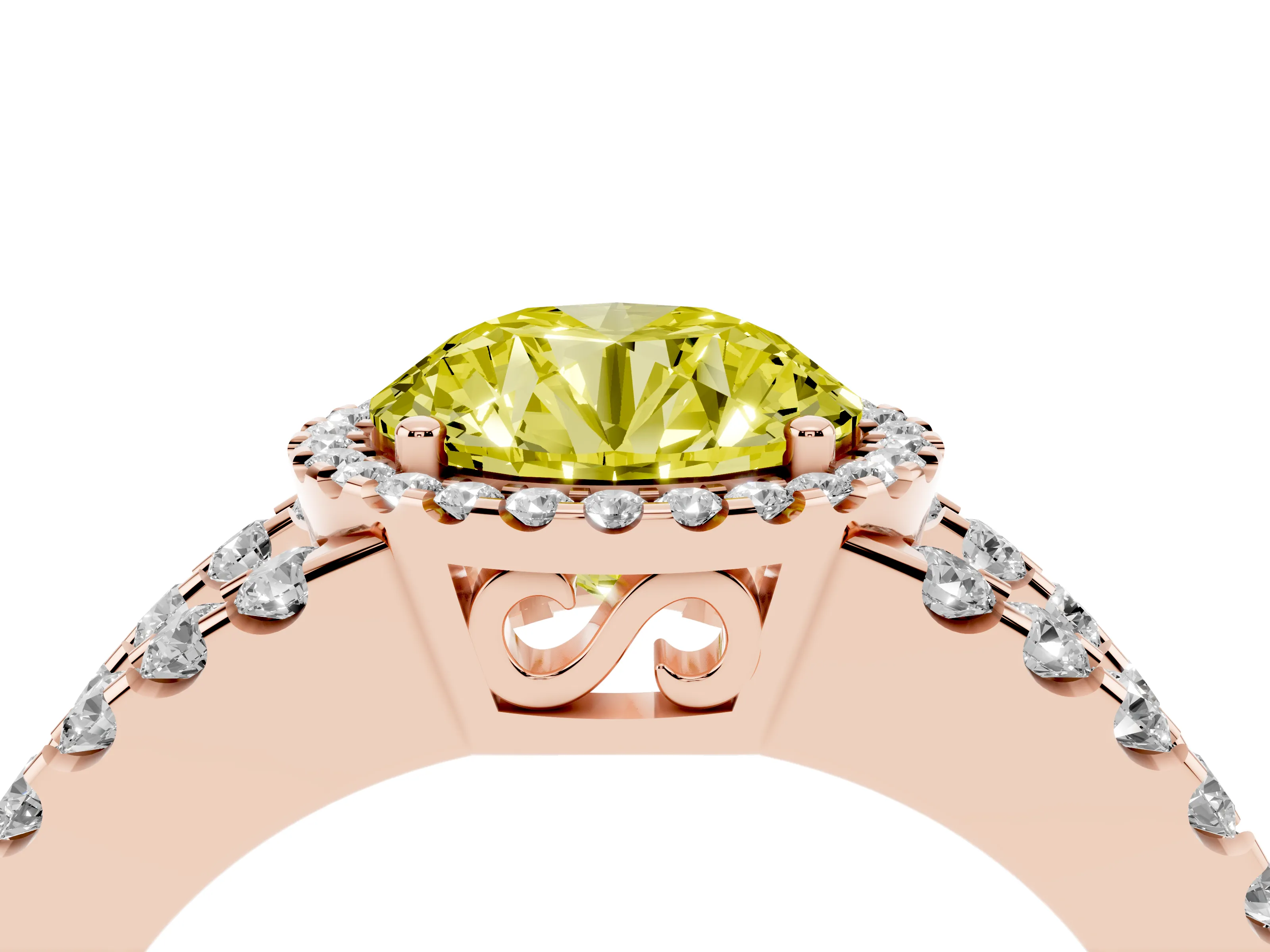 Fancy Yellow Round Cut Diamond Halo Ring Set in Rose gold with Pavé Split Shank and Prong Setting