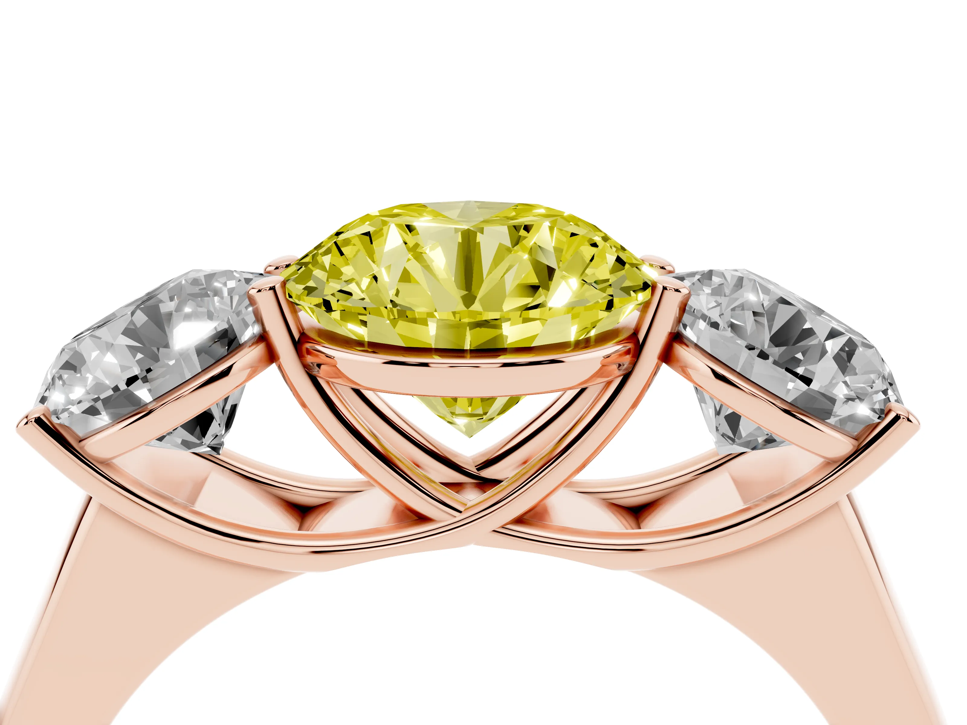 Fancy Yellow Round Cut Diamond Three-Stone Ring Set in Rose gold with Plain Polished Band