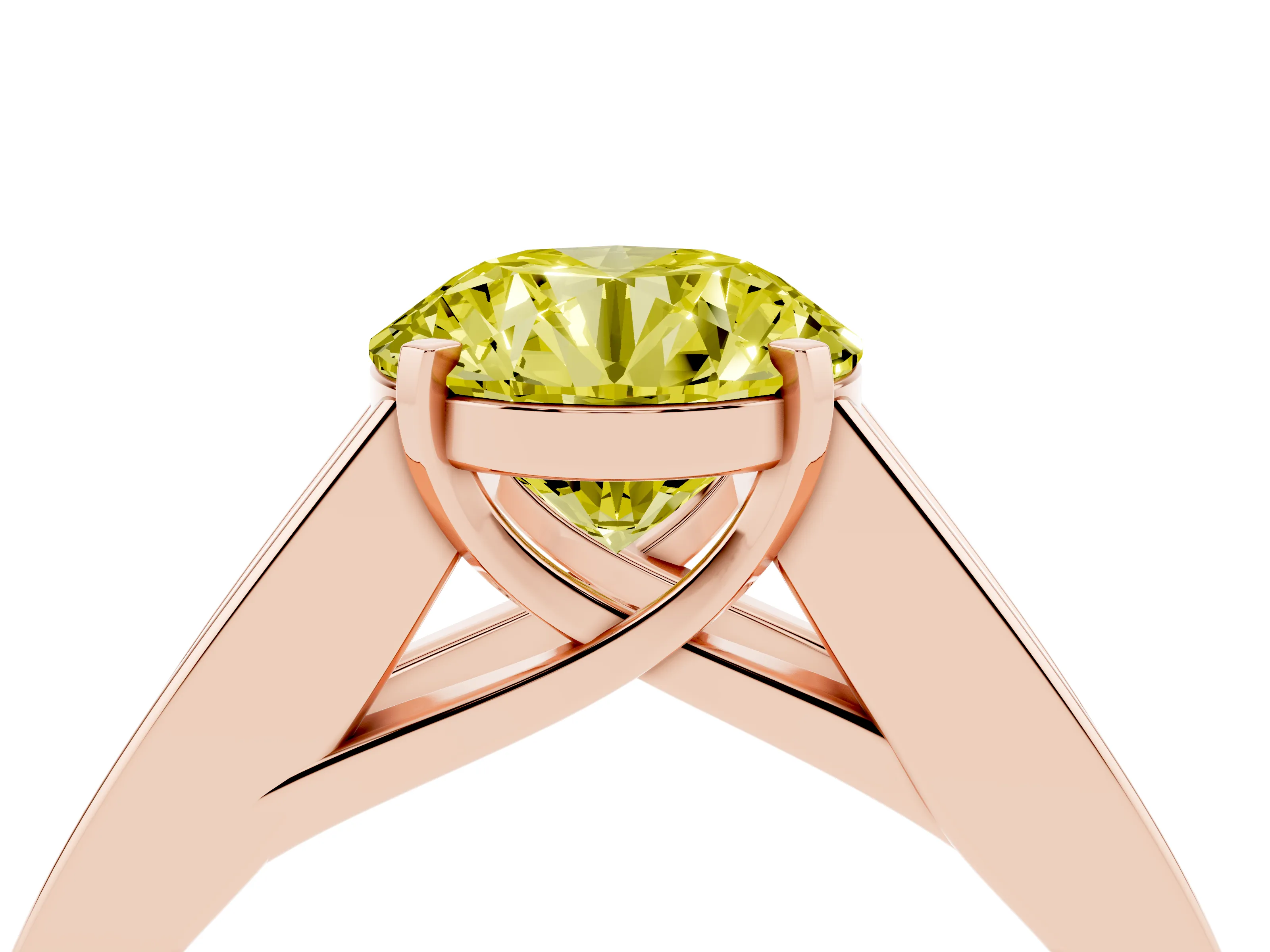 Fancy Yellow Round Cut Diamond Solitaire Ring Set in Rose gold with Channel-Set Accent Stones and Prong Setting