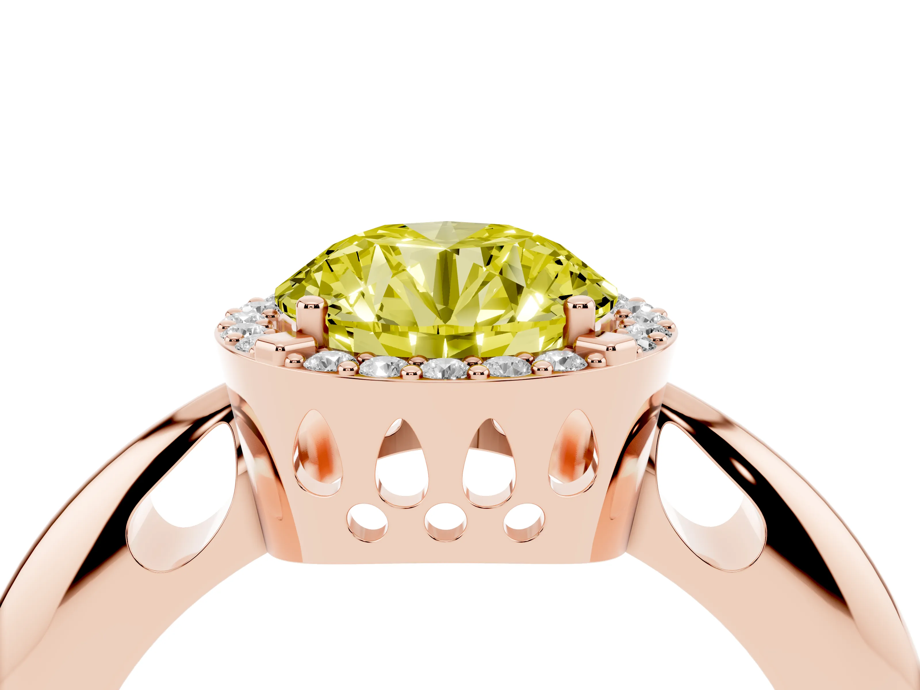 Fancy Yellow Round Cut Diamond Halo Engagement Ring Set in Rose gold with Plain Split Shank and Prong Setting
