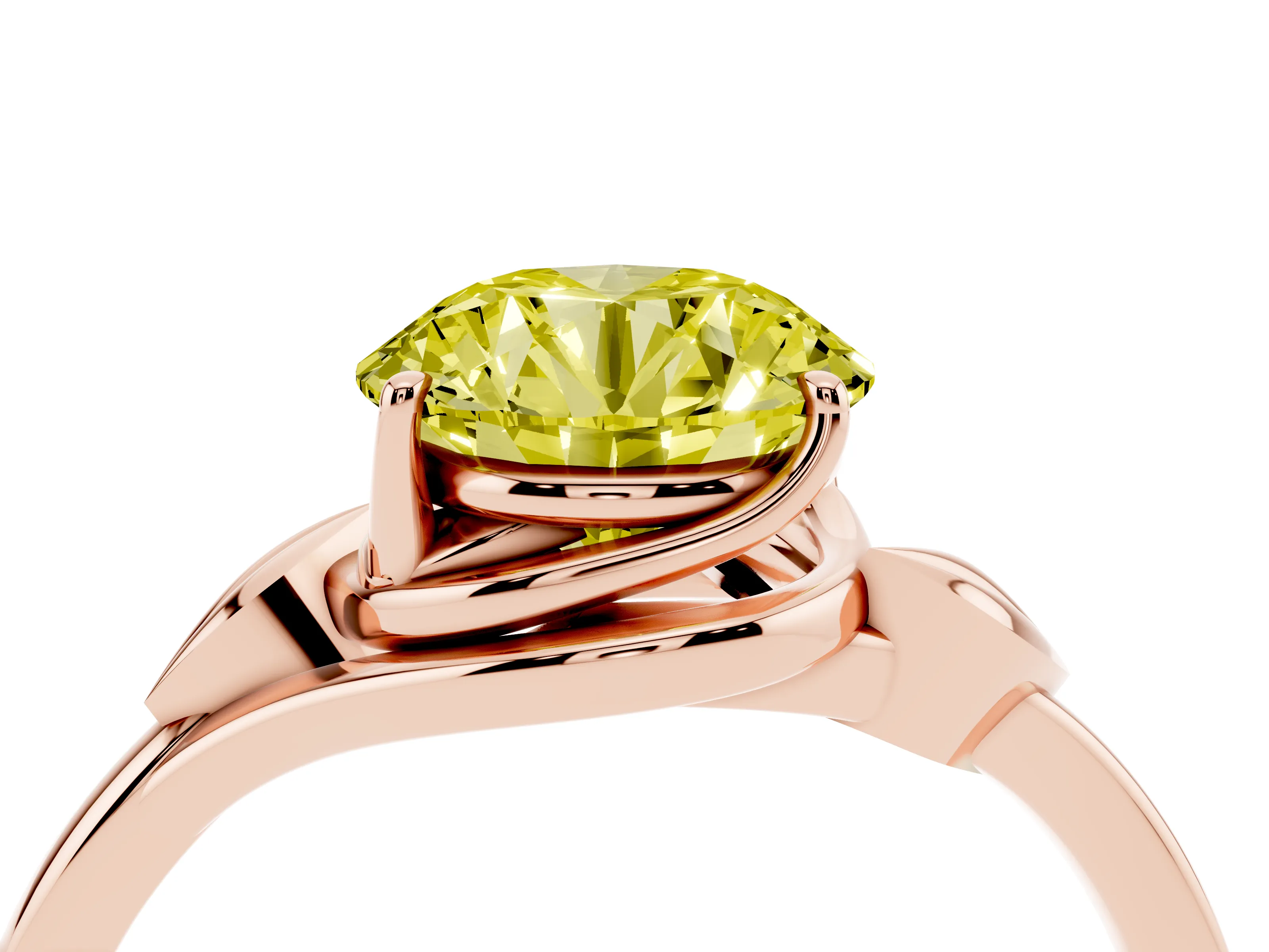 Fancy Yellow Round Cut Diamond Solitaire Ring Set in Rose gold with Polished Twist Band