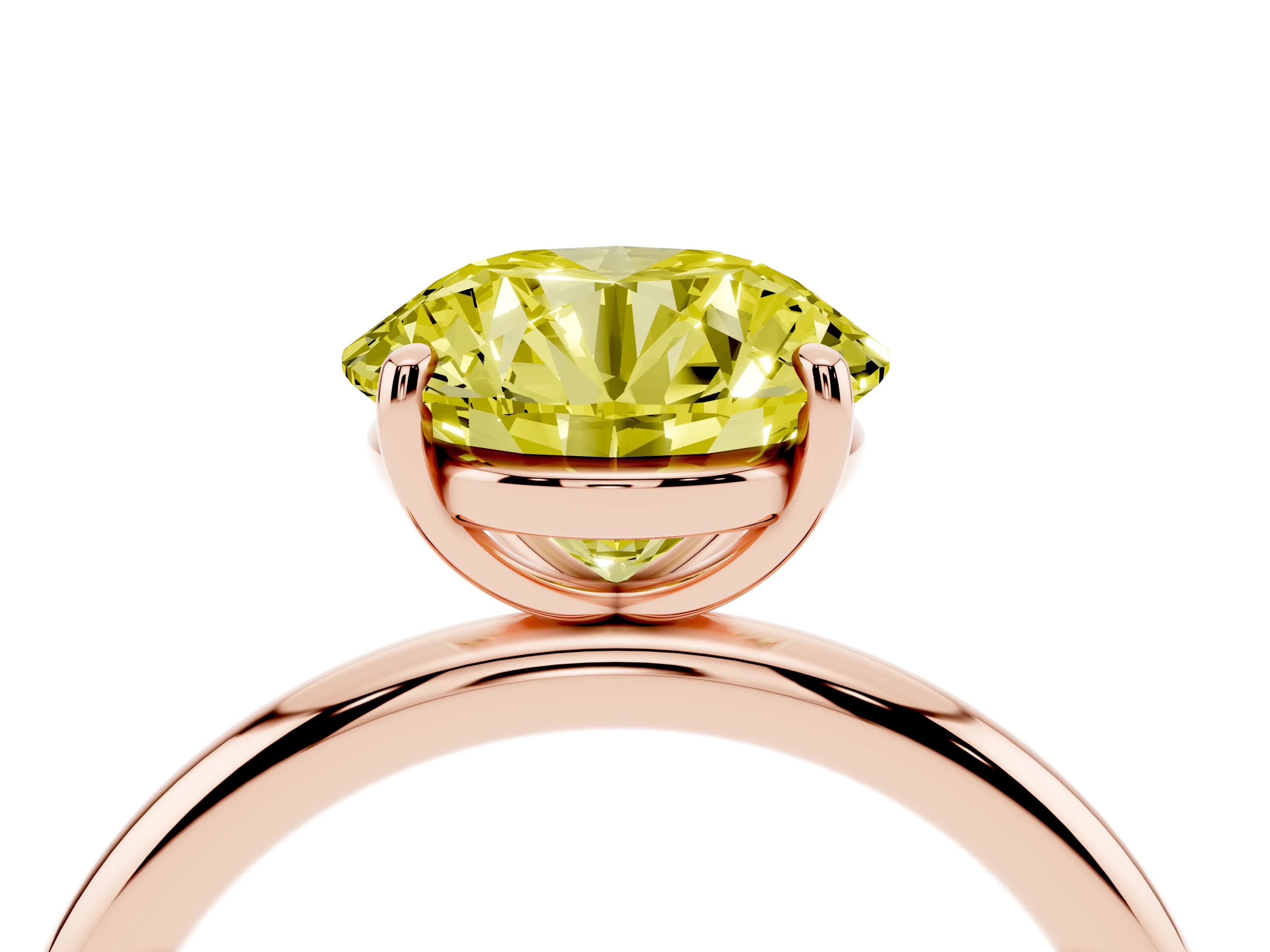 Fancy Yellow Round Cut Diamond Solitaire Ring Set in Rose gold with Prong Setting on a Polished Plain Band