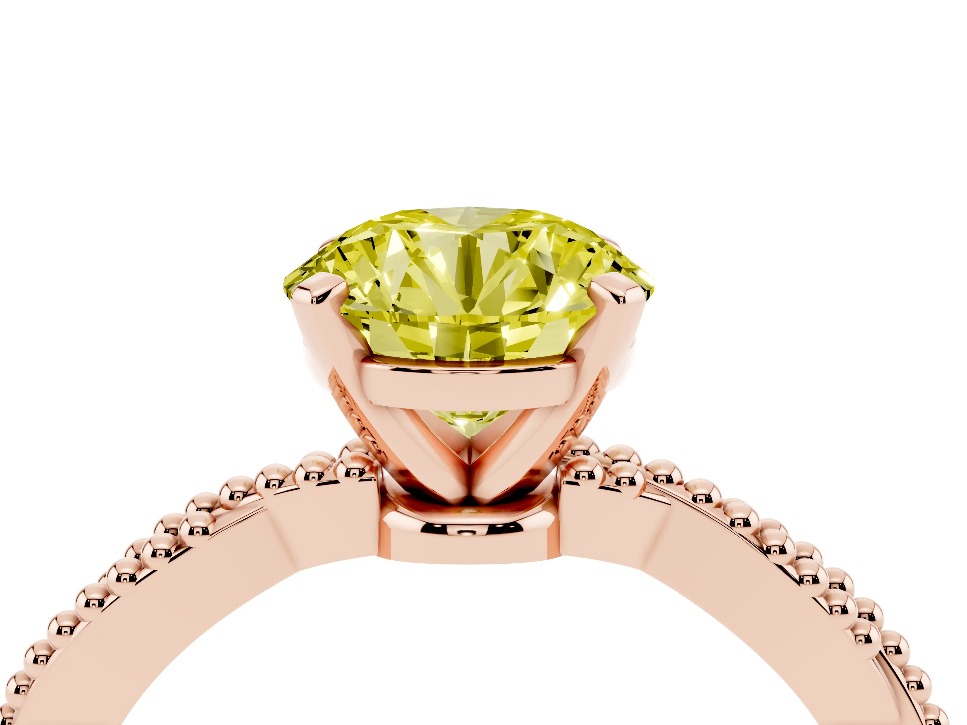 Fancy Yellow Round Cut Diamond Solitaire Ring Set in Rose gold with Twisted Band and Bead Prong Setting