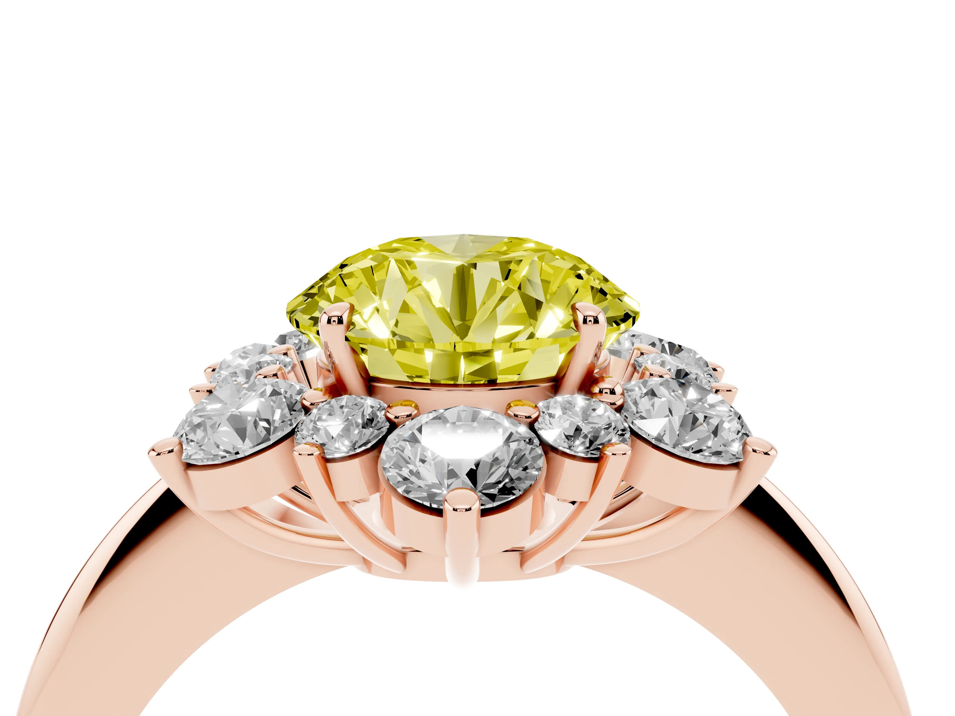 Fancy Yellow Round Cut Diamond Cluster Halo Ring Set in Rose gold with Solitaire Band and Prong Setting