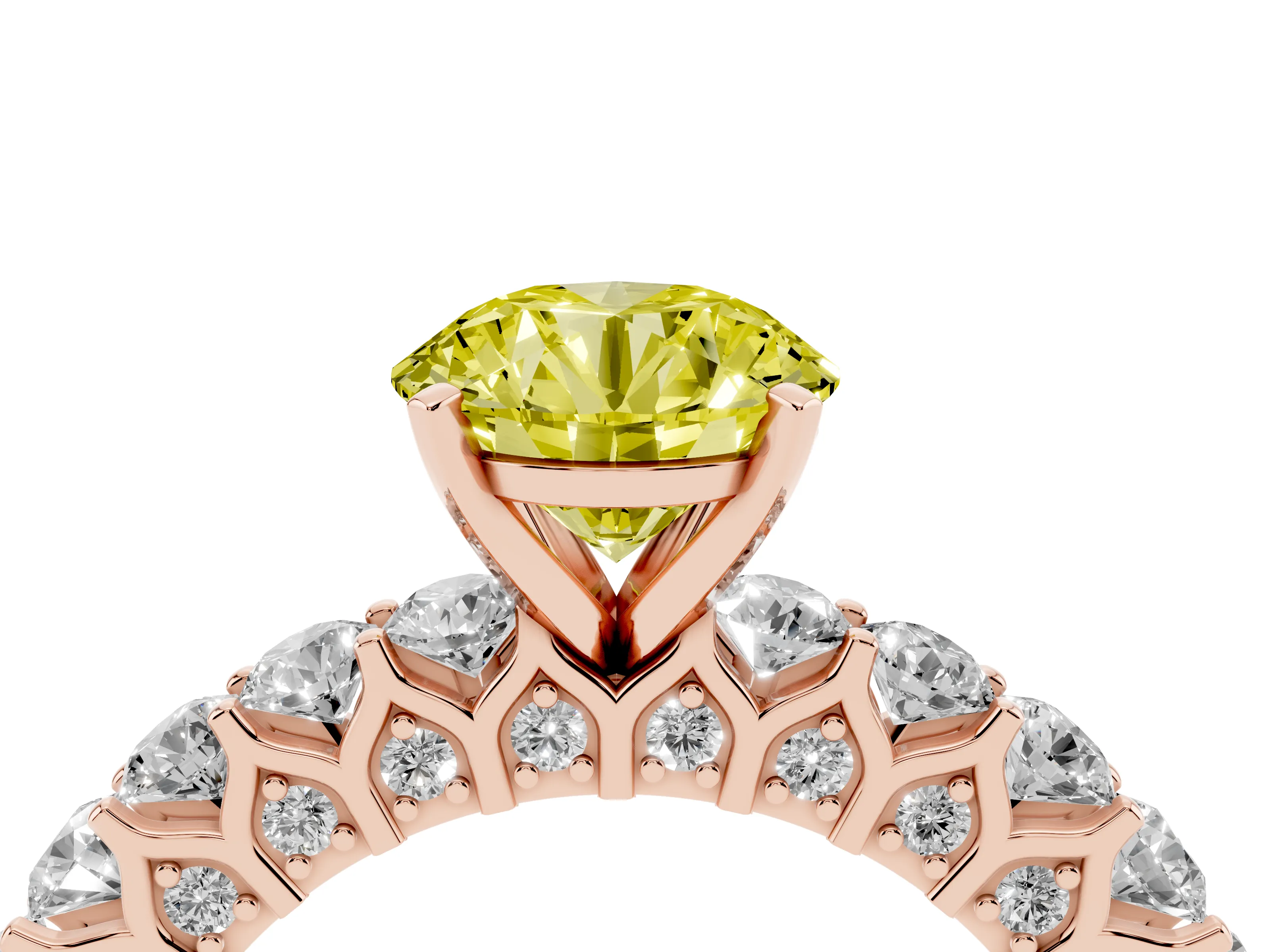 Fancy Yellow Round Cut Diamond Solitaire Ring Set in Rose gold with Shared Prong Pavé Band