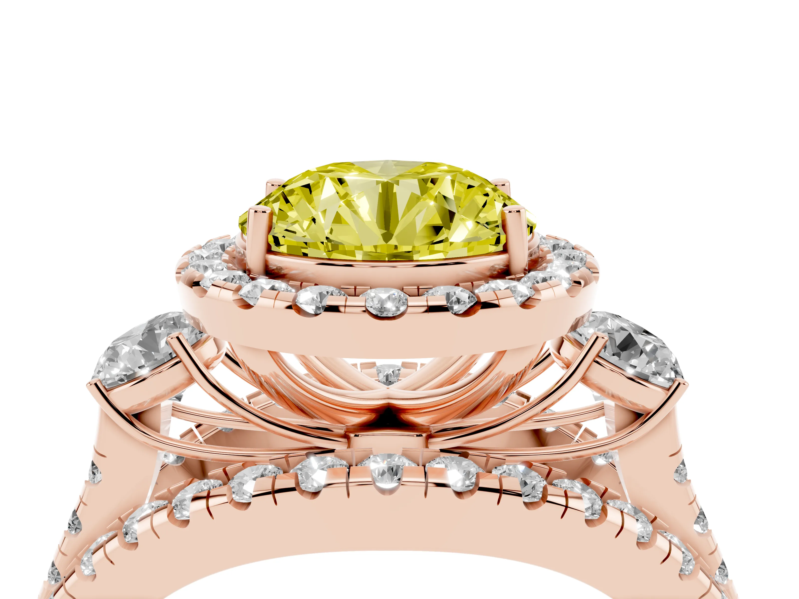 Fancy Yellow Round Cut Diamond Halo Split Shank Ring Set in Rose gold with Round Accent Stones and Prong Setting