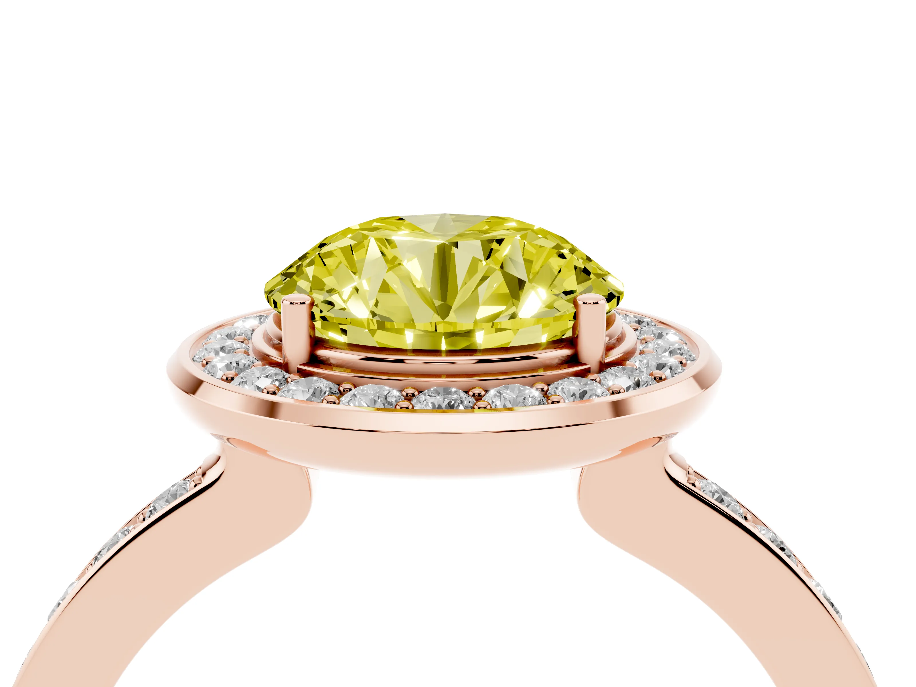 Fancy Yellow Round Cut Diamond Halo Ring Set in Rose gold with Bezel Frame and Pavé Band