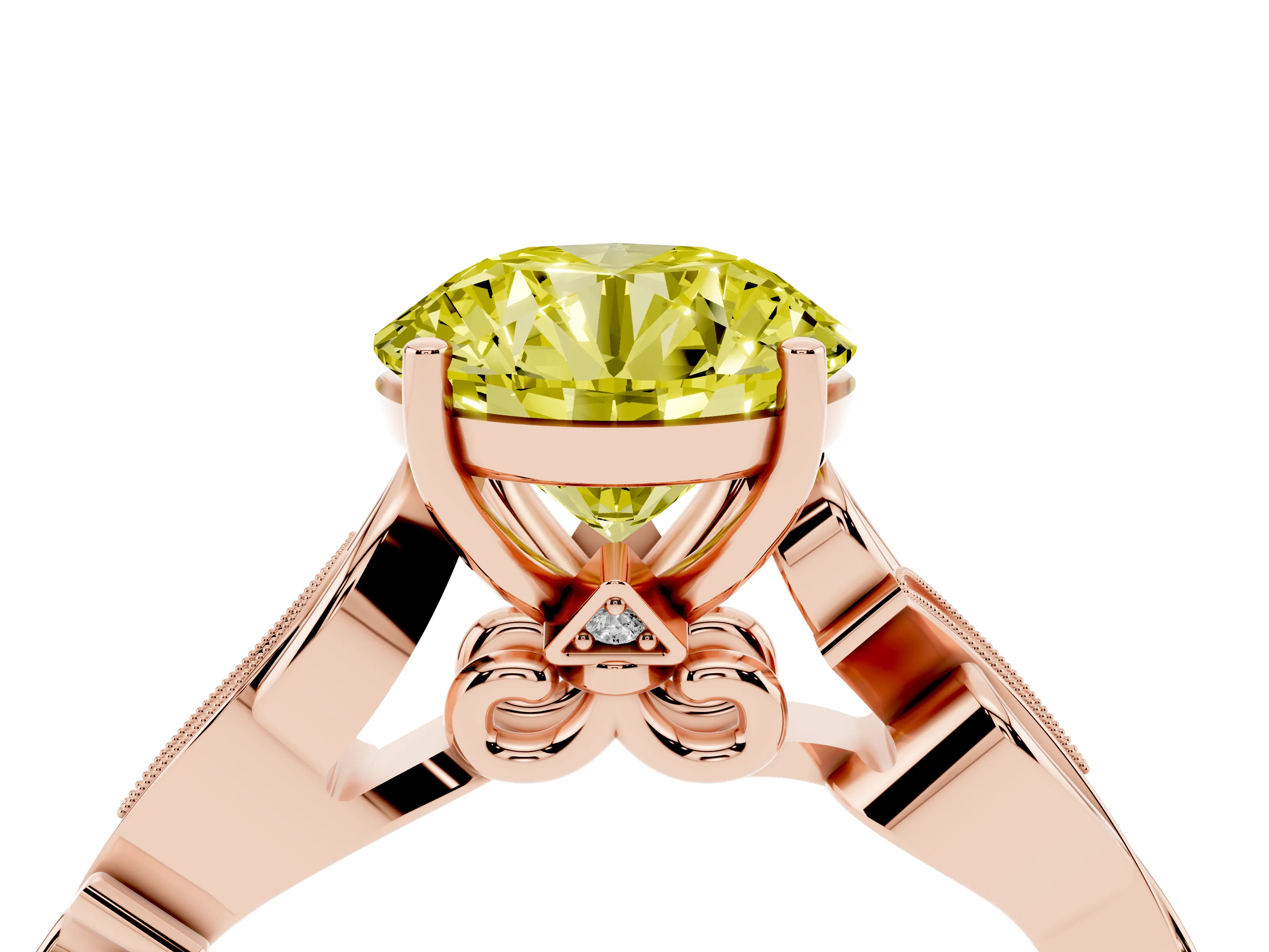 Fancy Yellow Round Cut Diamond Vine Band Solitaire Ring Set in Rose gold with Milgrain Prong Setting