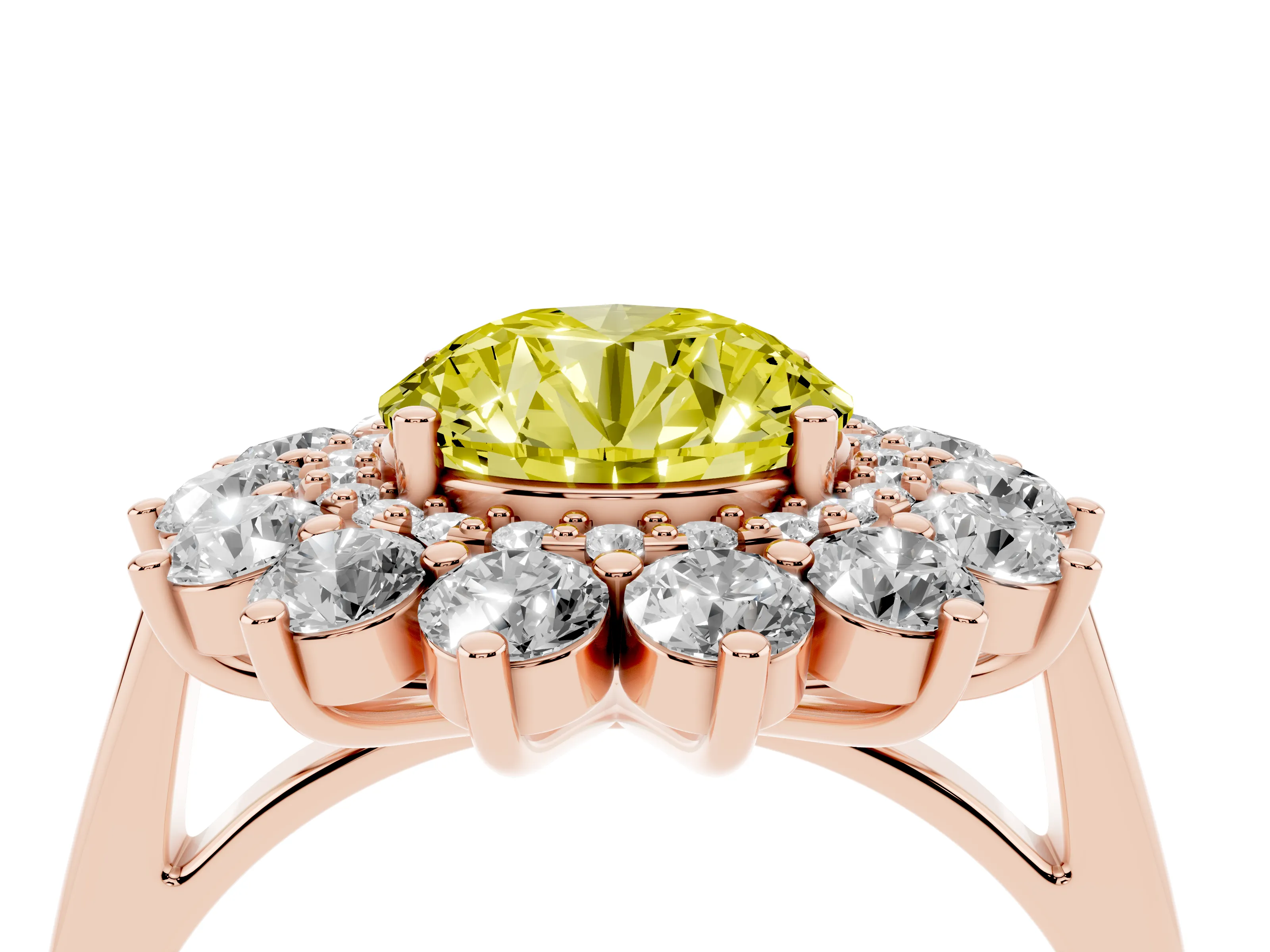 Fancy Yellow Round Cut Diamond Floral Double Halo Ring Set in Rose gold with Round Petals
