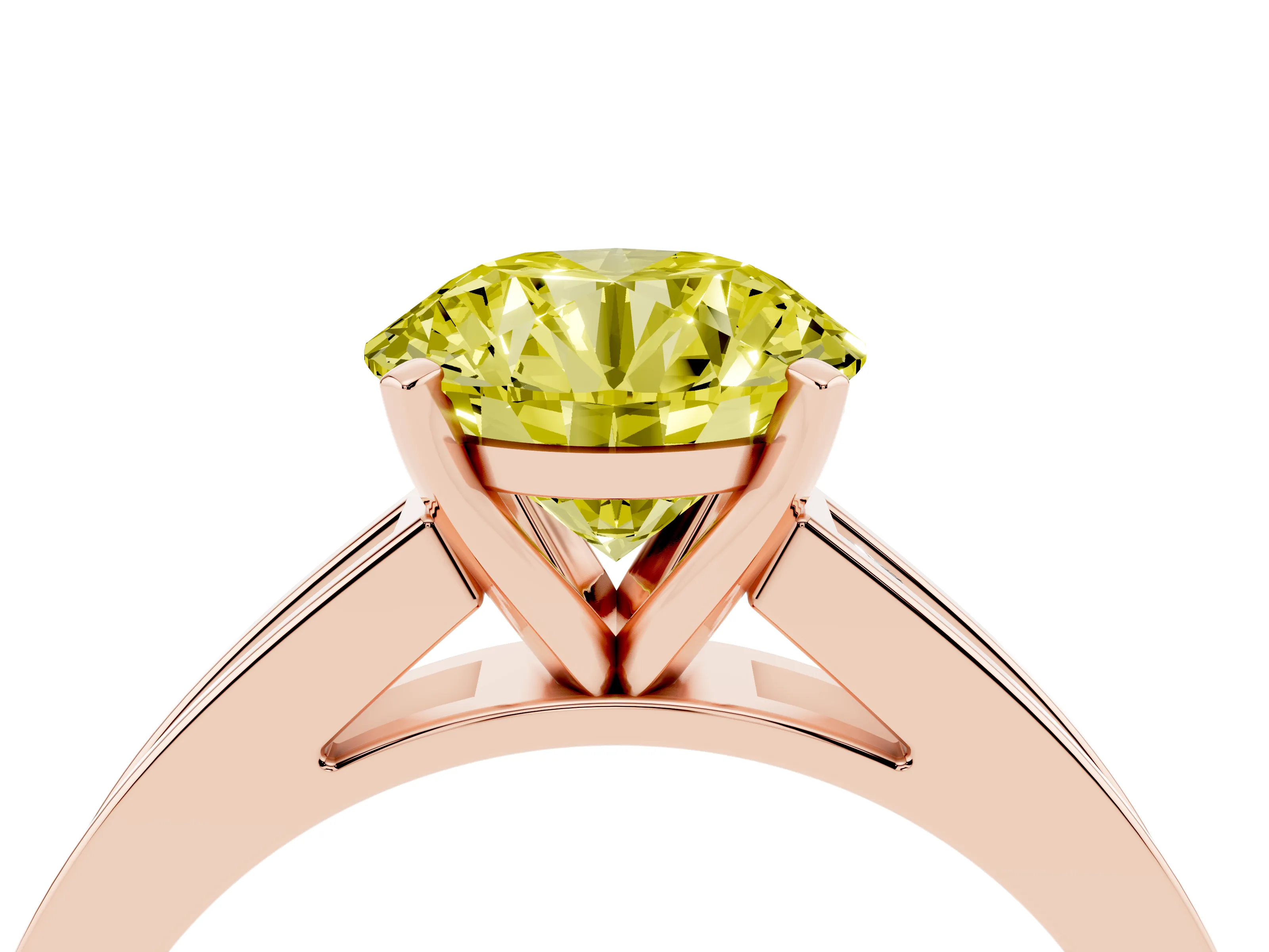 Fancy Yellow Round Cut Diamond Solitaire Ring Set in Rose gold with Channel-Set Band and Prong Setting