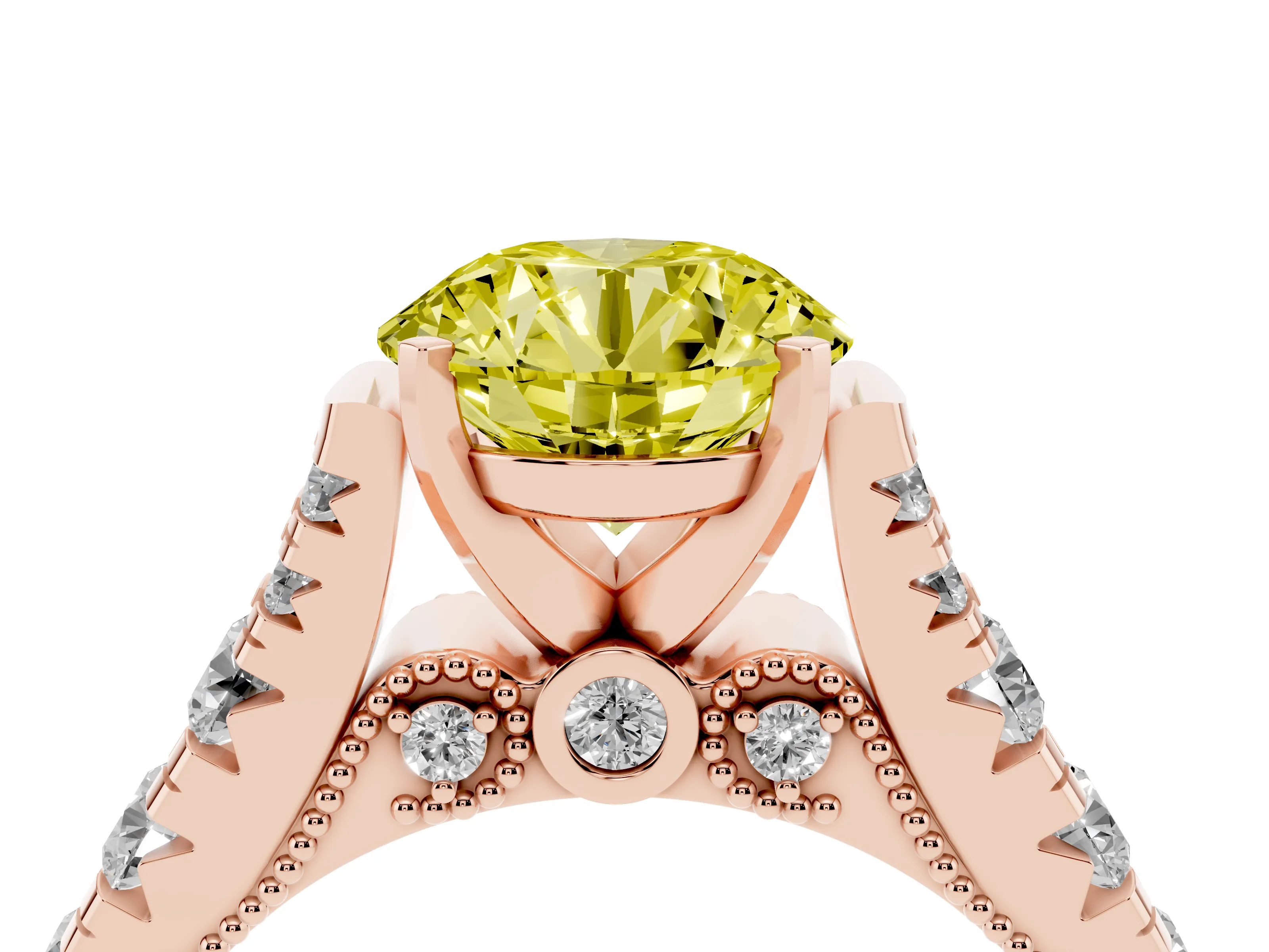 Fancy Yellow Round Cut Diamond Classic Solitaire Ring Set in Rose gold with Pavé Band and Prong Setting