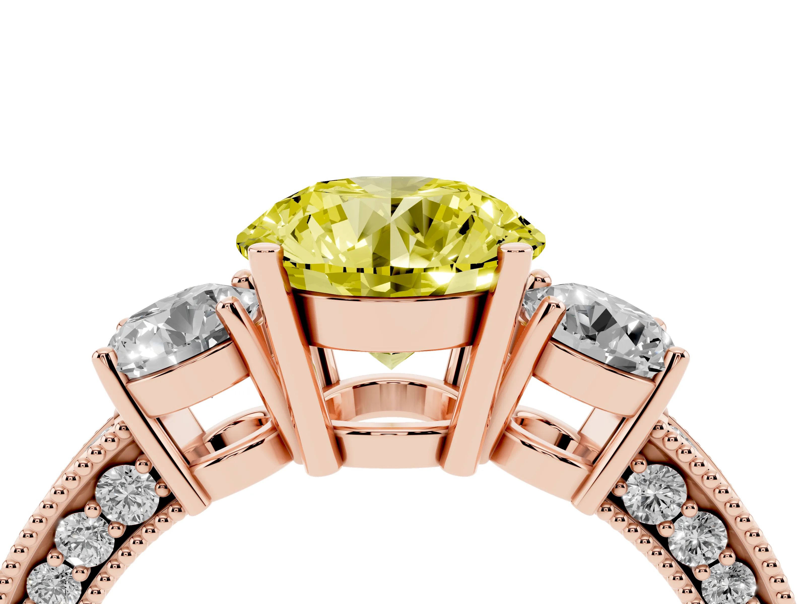 Fancy Yellow Round Cut Diamond Three-Stone Ring Set in Rose gold with Round Side Stones and Pavé Band