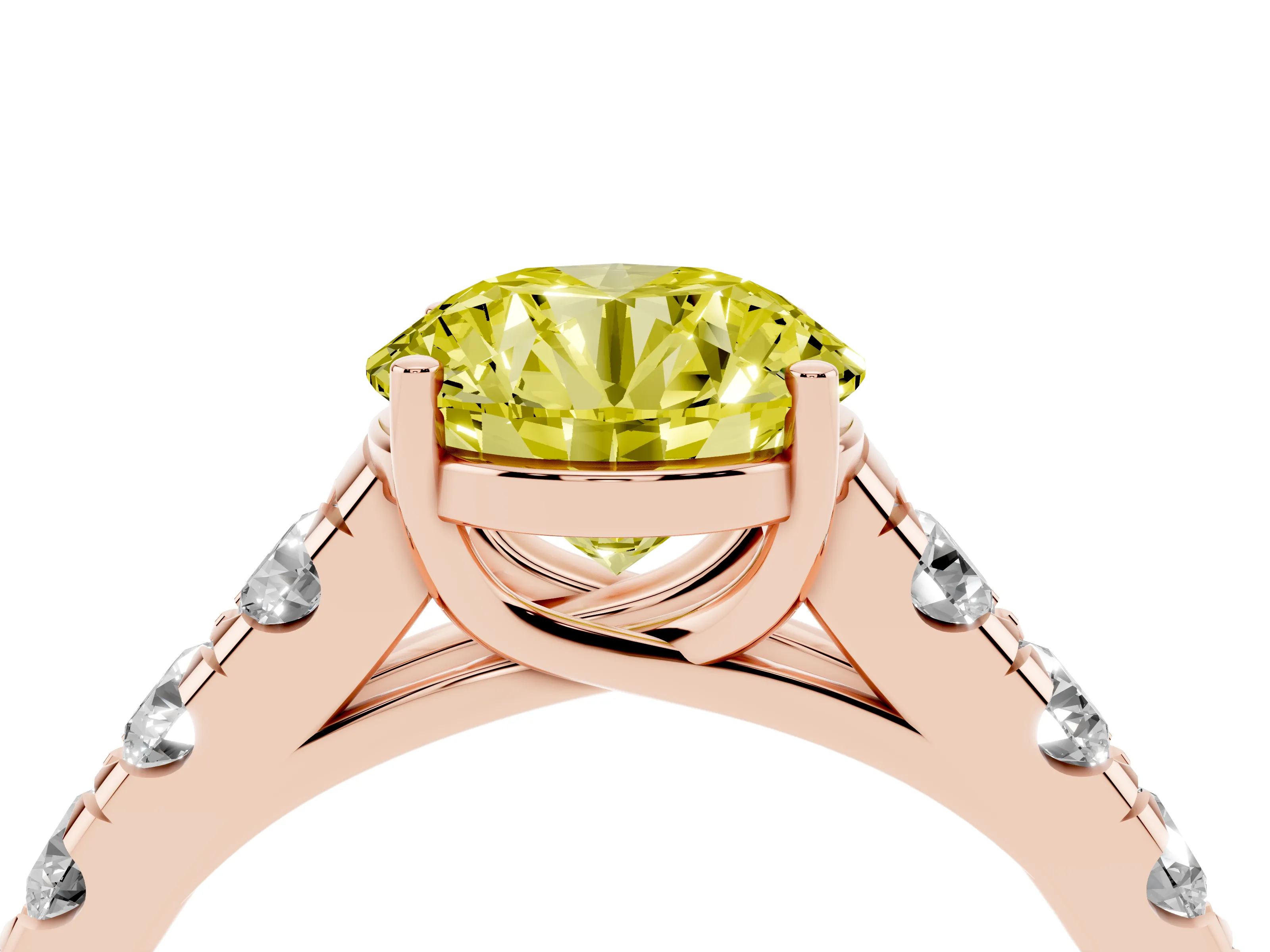 Fancy Yellow Round Cut Diamond Solitaire Ring Set in Rose gold with Cut-Down Micro Pavé Band and Prong Setting