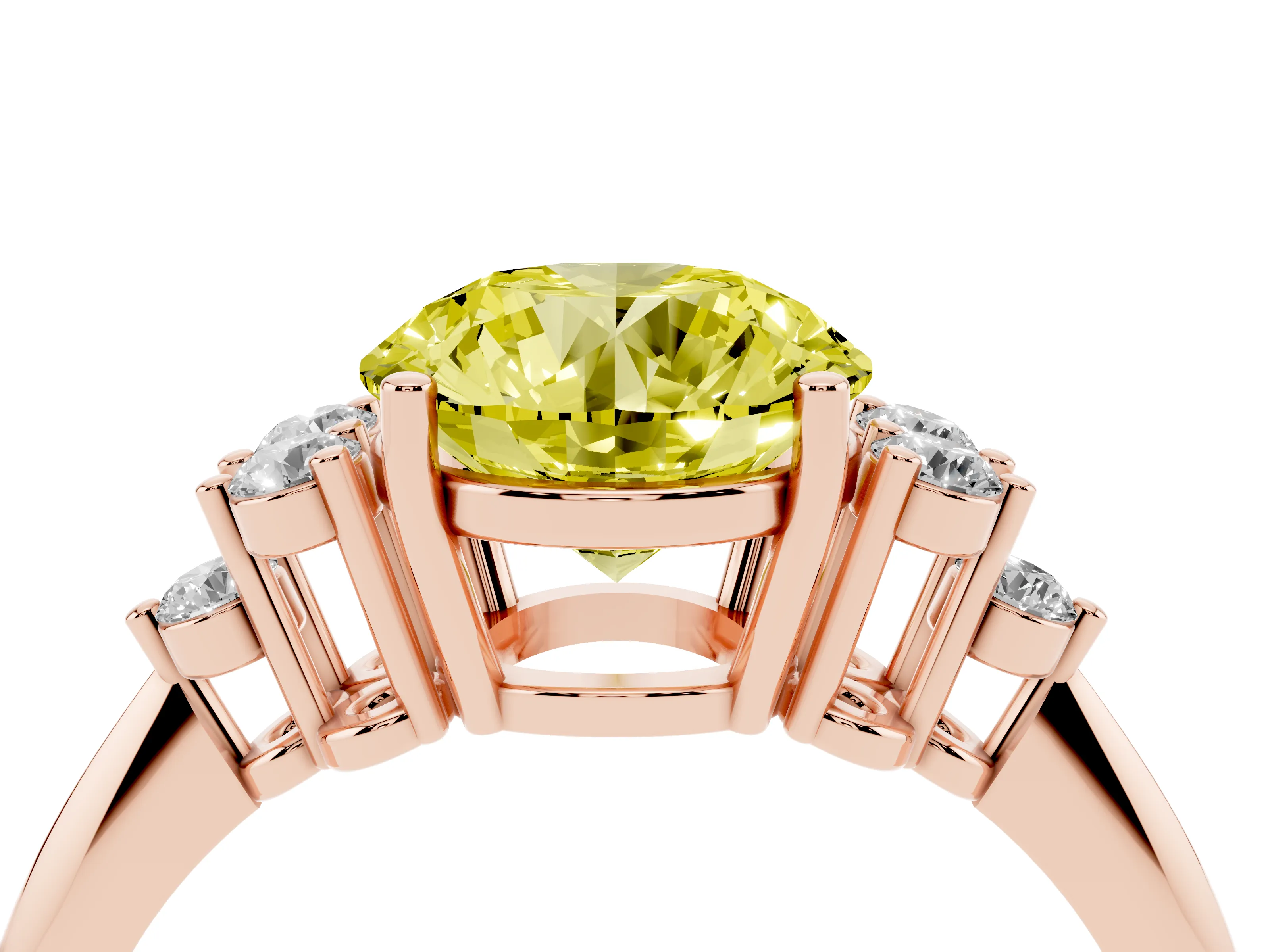 Fancy Yellow Round Cut Diamond Cluster Ring Set in Rose gold with Plain Band and Prong Setting